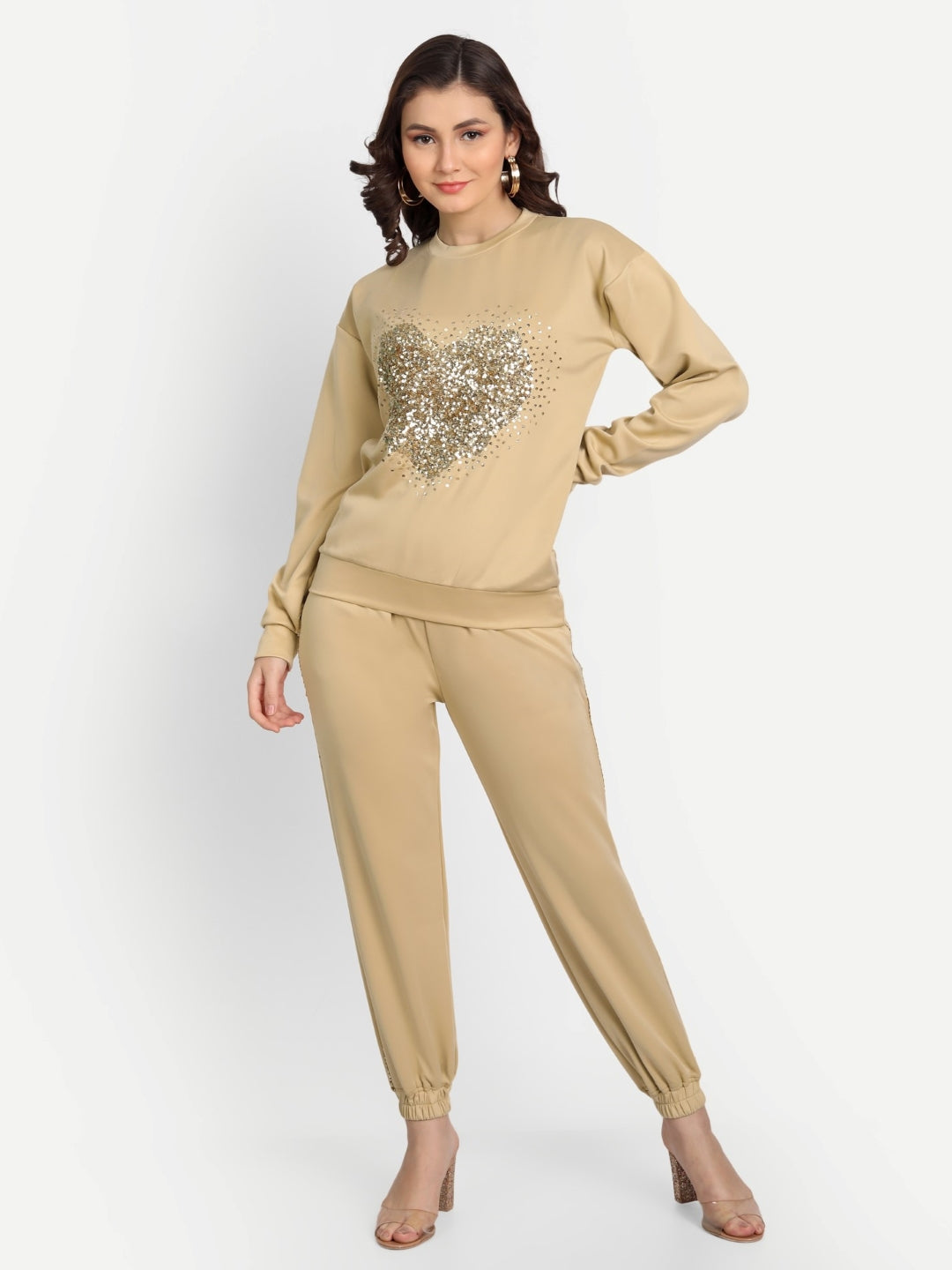 Warm Beige Fleece Golden Heart Loungewear Coord Set
