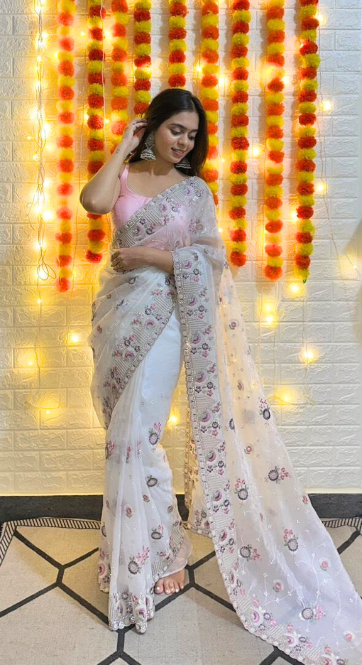 White Embroidered Chiffon Saree with Pearl & Stone Floral Detailing
