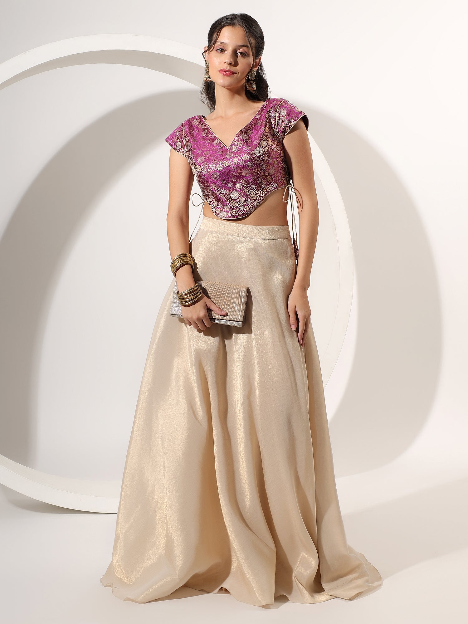 Luxury Golden Tissue & Brocade Skirt with Designer Blouse