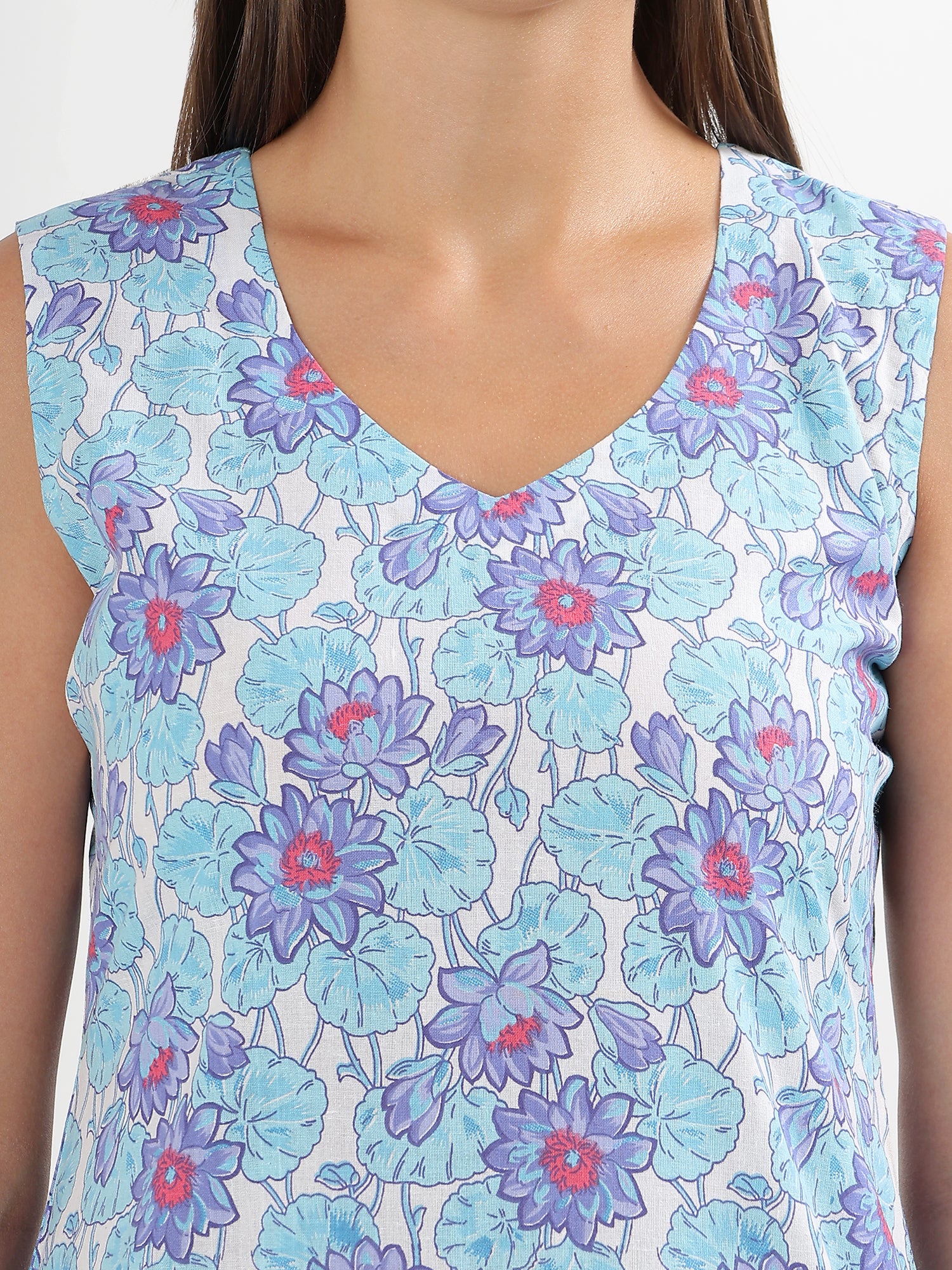 Blue Floral Sleeveless Cotton Kurta Salwar Set