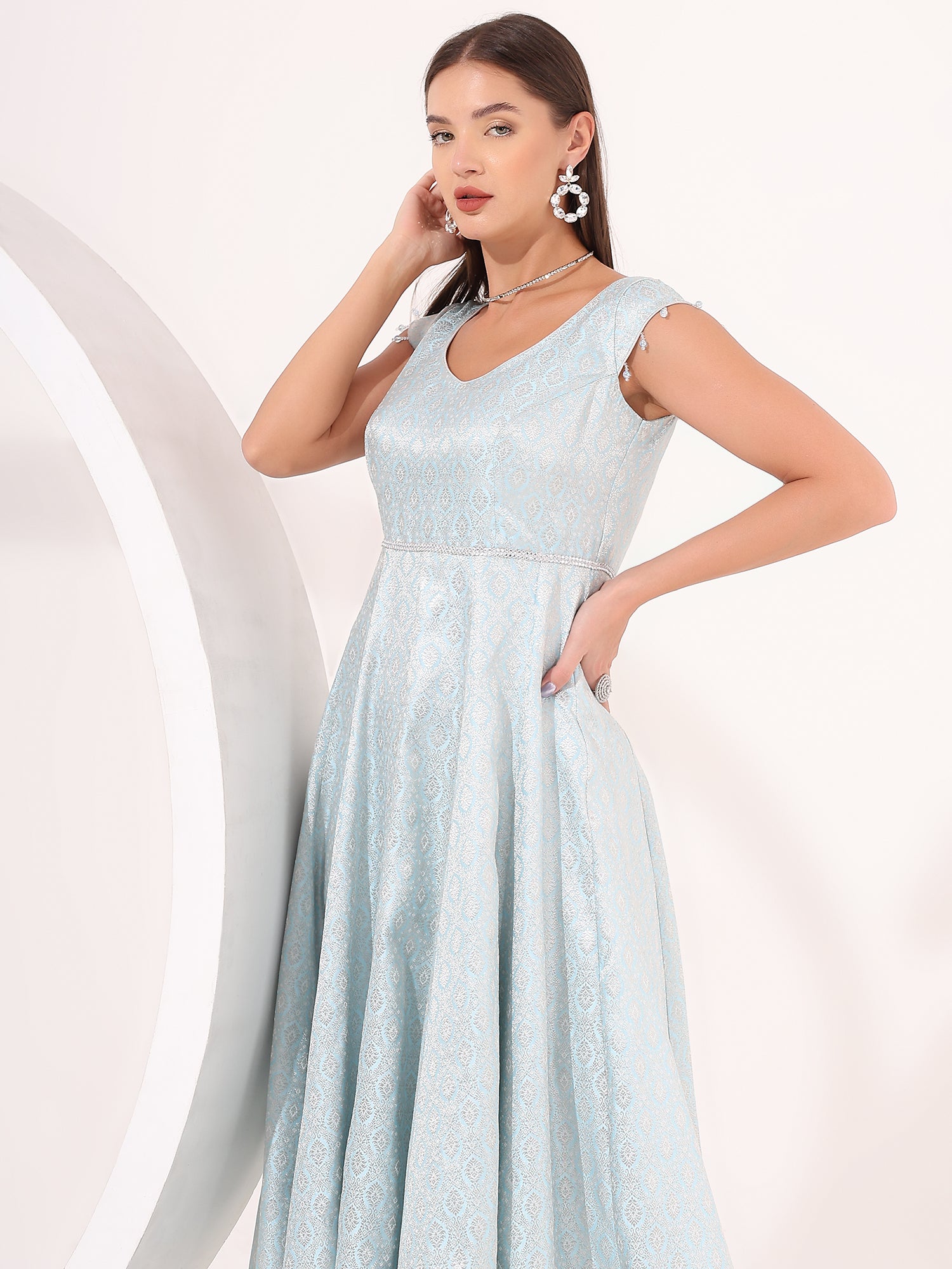 Ice Blue Cotton Anarkali Gown with Mirror Work – Partywear