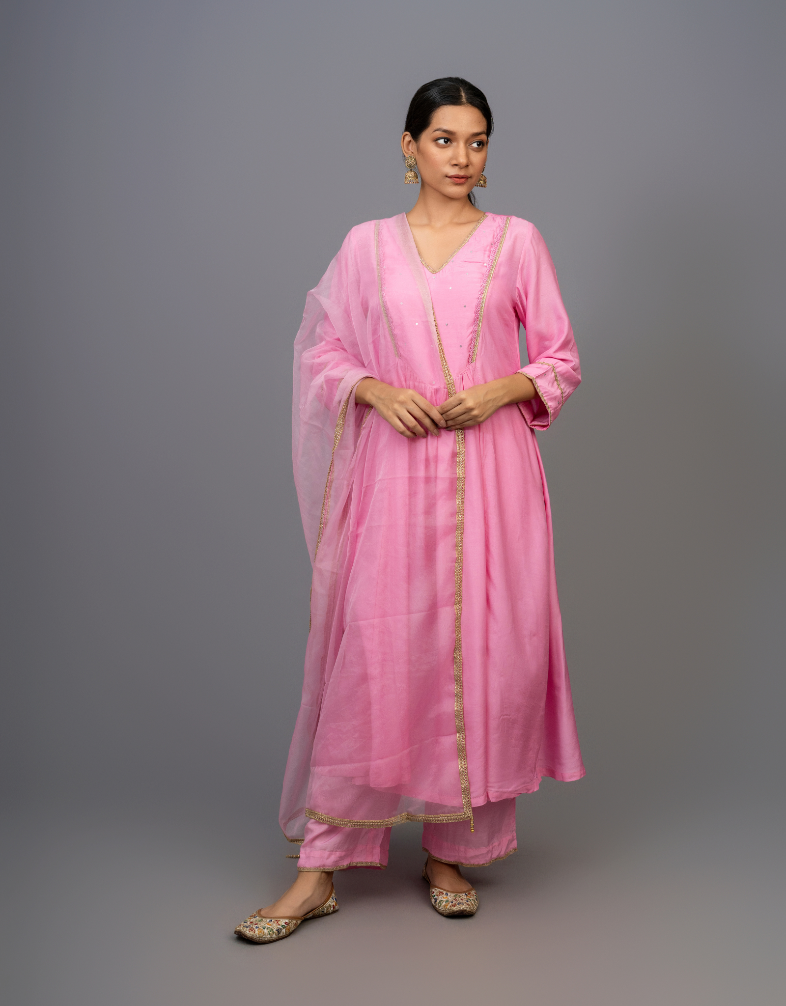Purple Cotton Silk Hand Embroidered A-line Kurta Pants Set