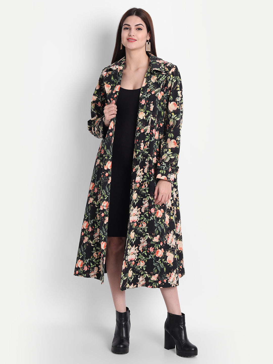 Sophisticated Black Beige White Twill Lycra Floral Trench Coat