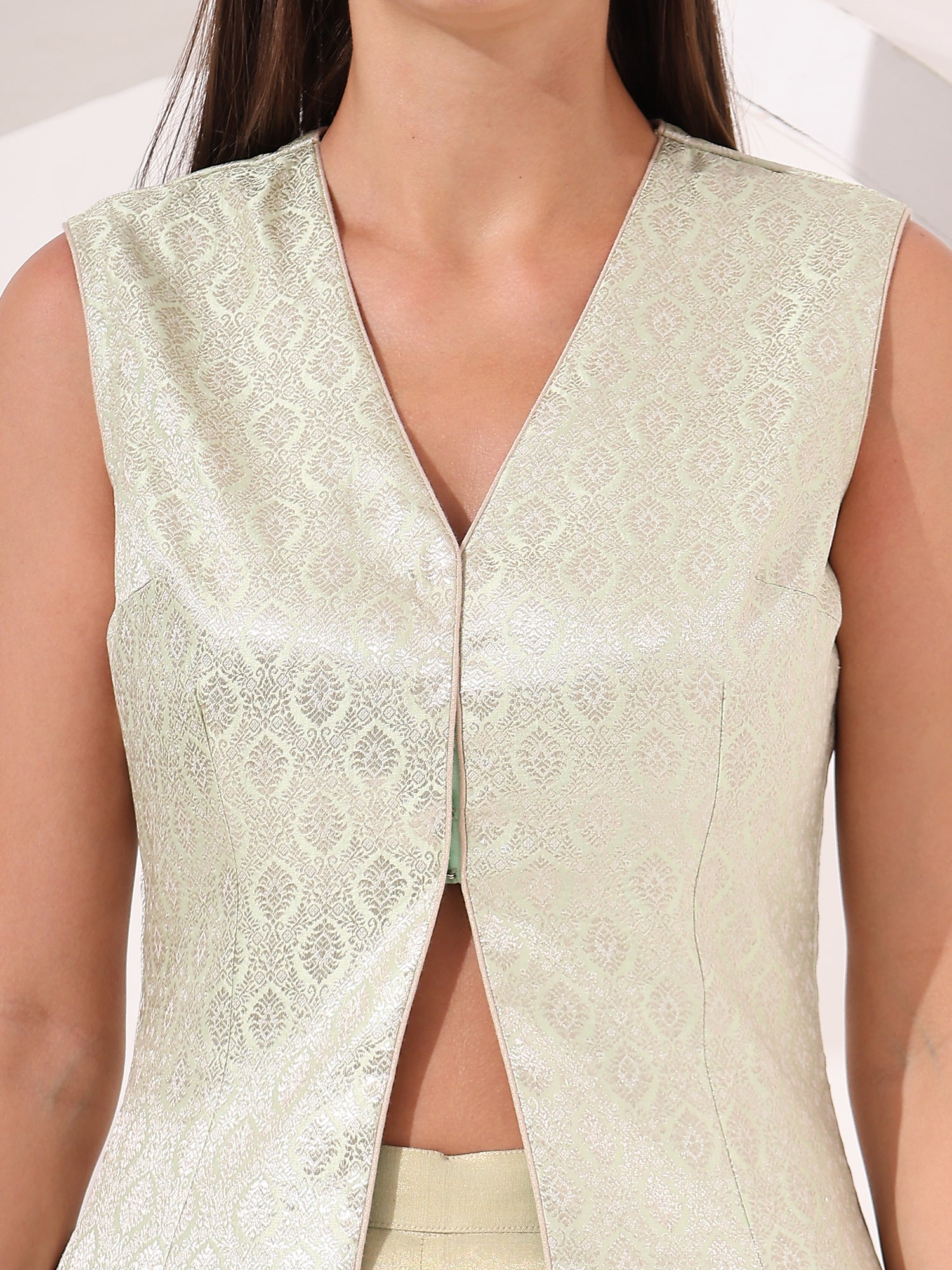 Stylish Mint Green Brocade Peplum Top with Gold Tissue Palazzo