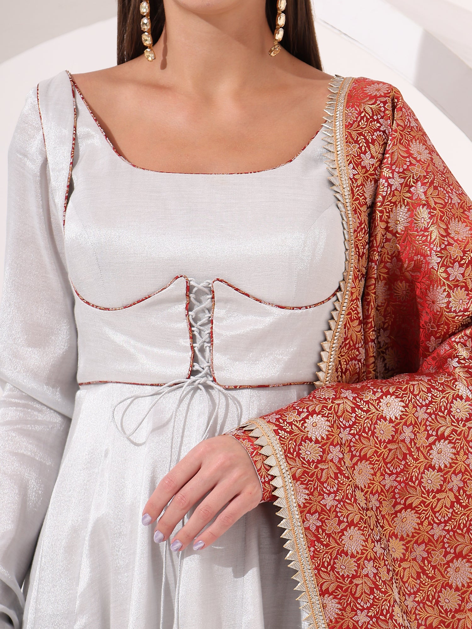 Stunning Silver Tissue Anarkali Suit with Brocade Dupatta