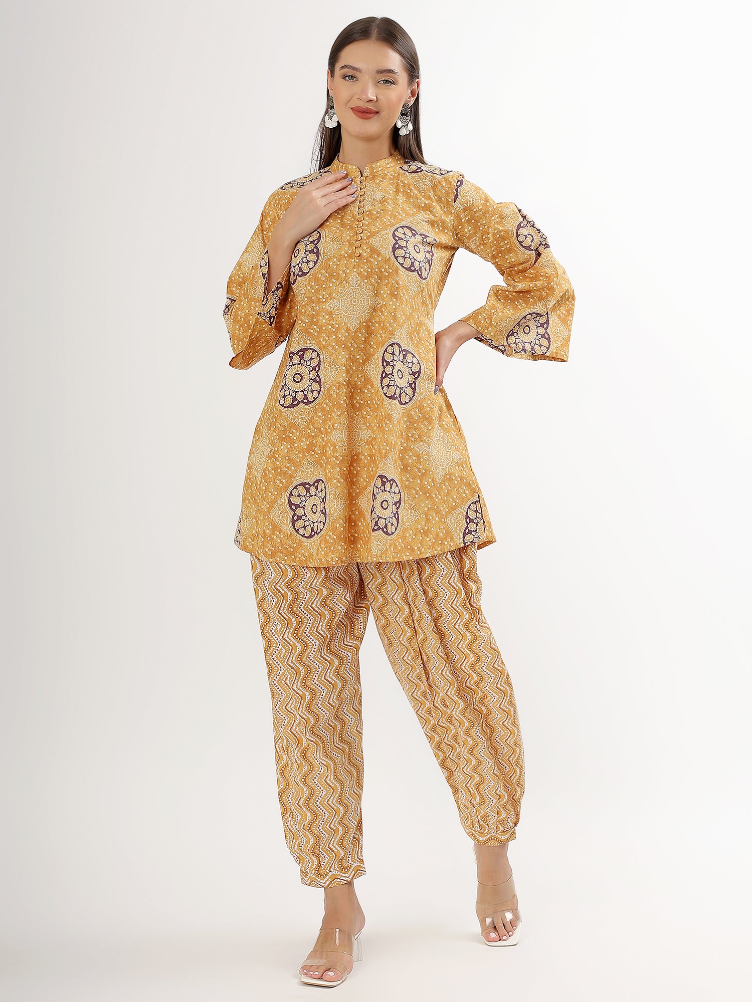 Mustard Floral Cotton Kurta with Salwar Set