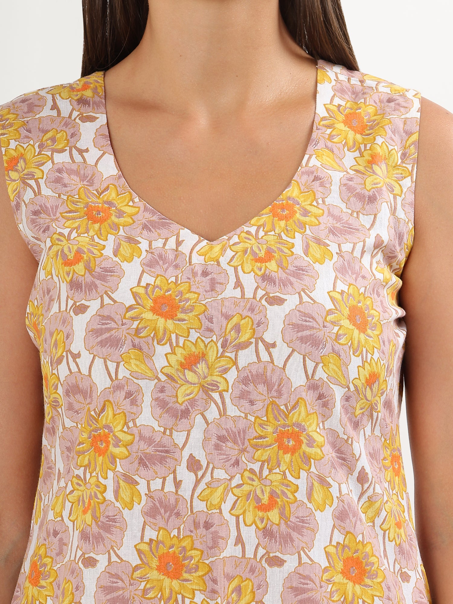 Yellow Floral Sleeveless A-line Cotton Kurta Salwar Set