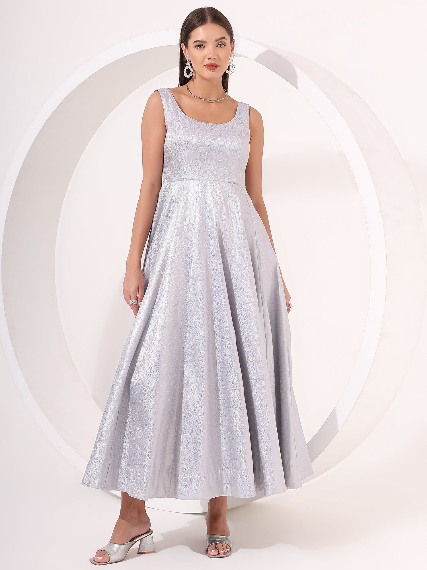 Powder Blue Silver Brocade Anarkali Gown – Wedding Wear