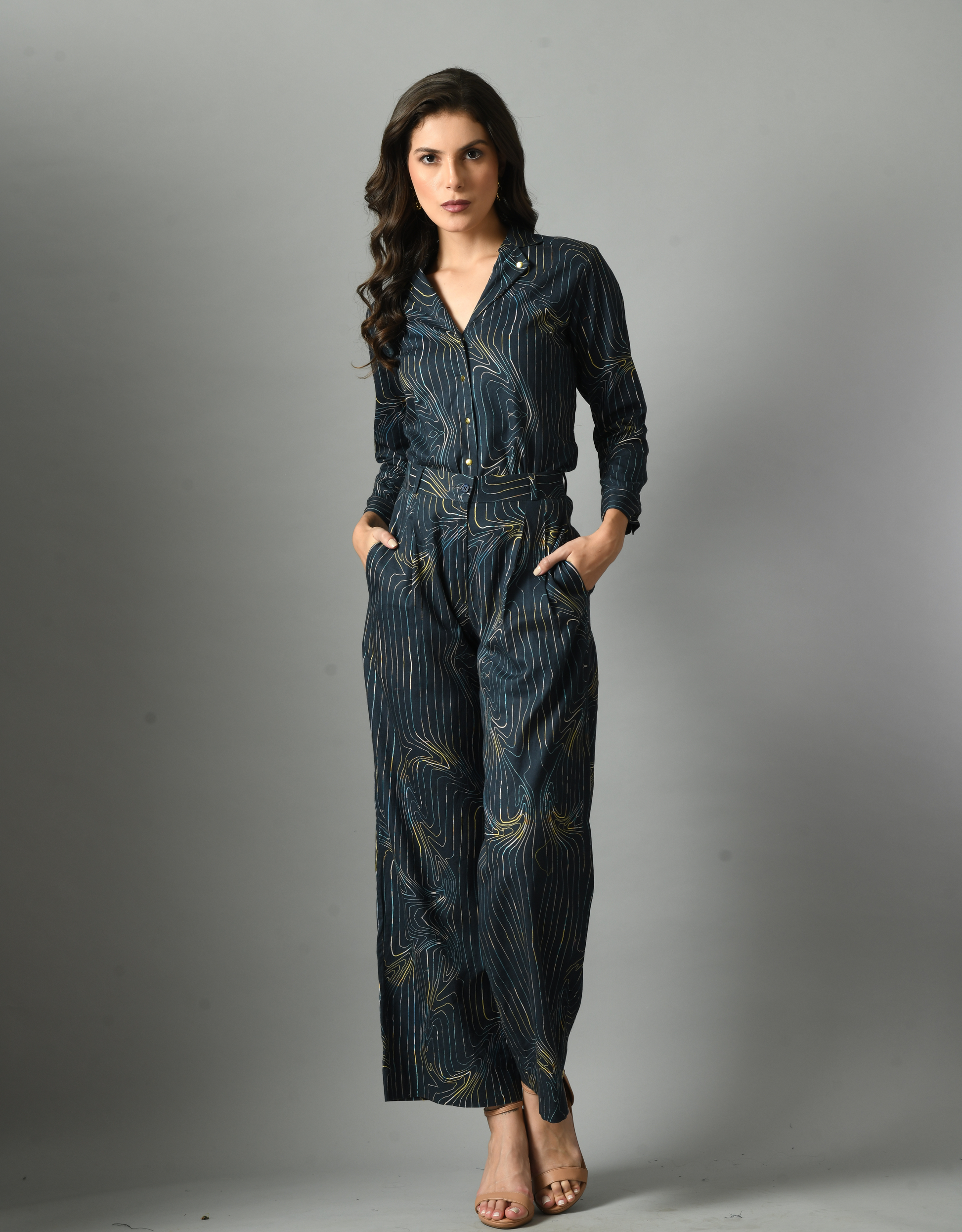 Mystic Royal Blue Linen Wondersea Shirt Trouser Set Digital Print