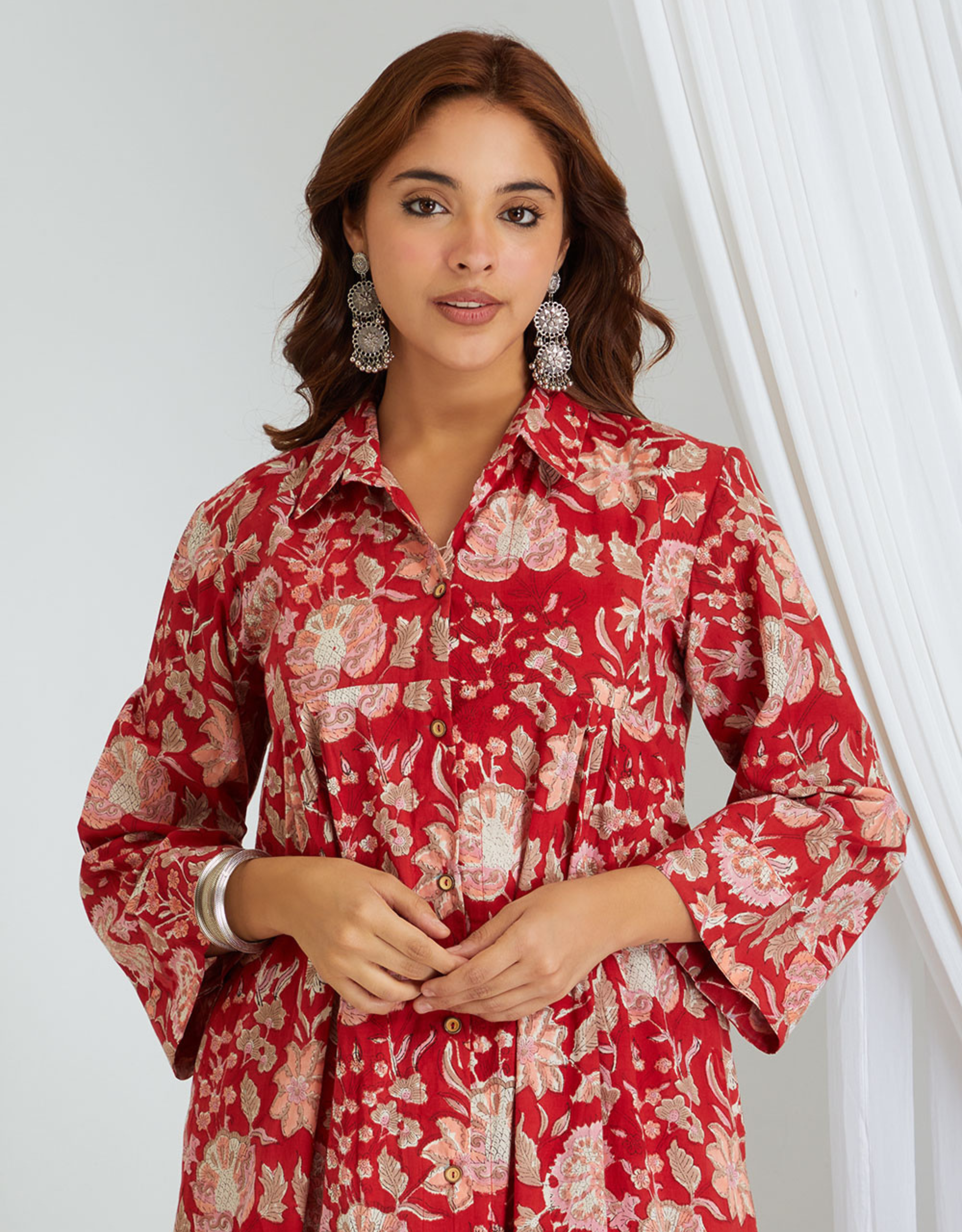 Red Hand Block Cotton High-Low Kurta Pants Co-ord Set Lace