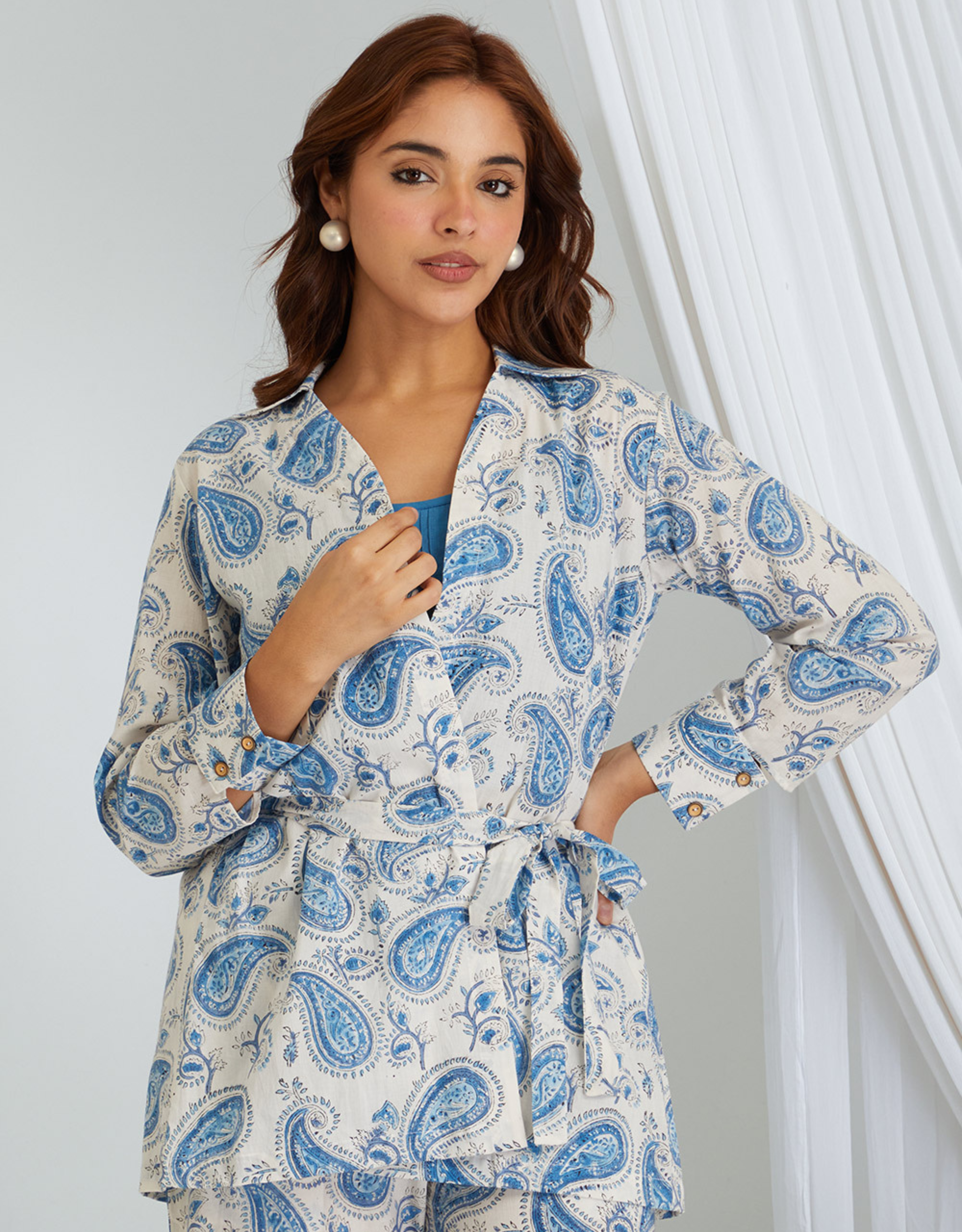 Blue Hand Block Cotton Shirt Top Slip Palazzo Co-ord Set Belt Knot