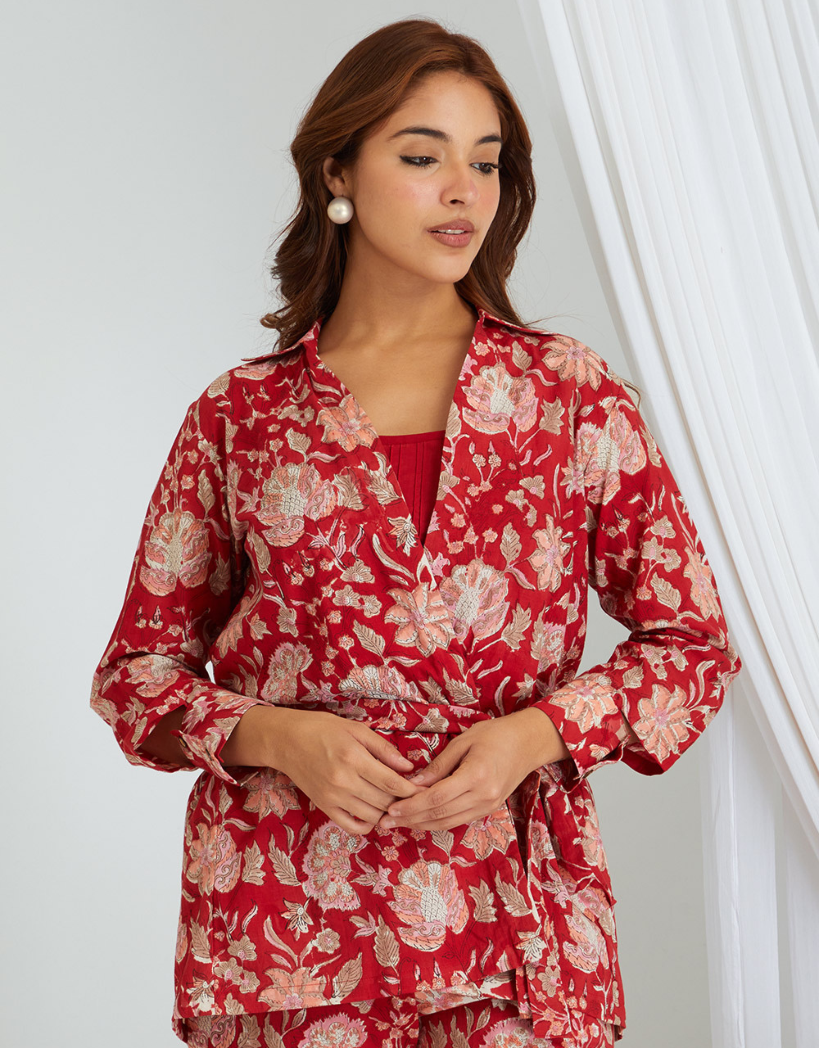 Red Hand Block Cotton Shirt Top Slip Pants Co-ord Set Belt Knot