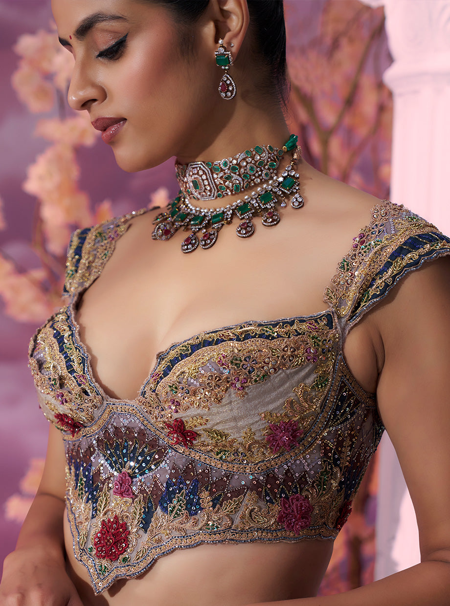 Sage Green Tissue Castle Lehenga with Hot Pink Dupatta
