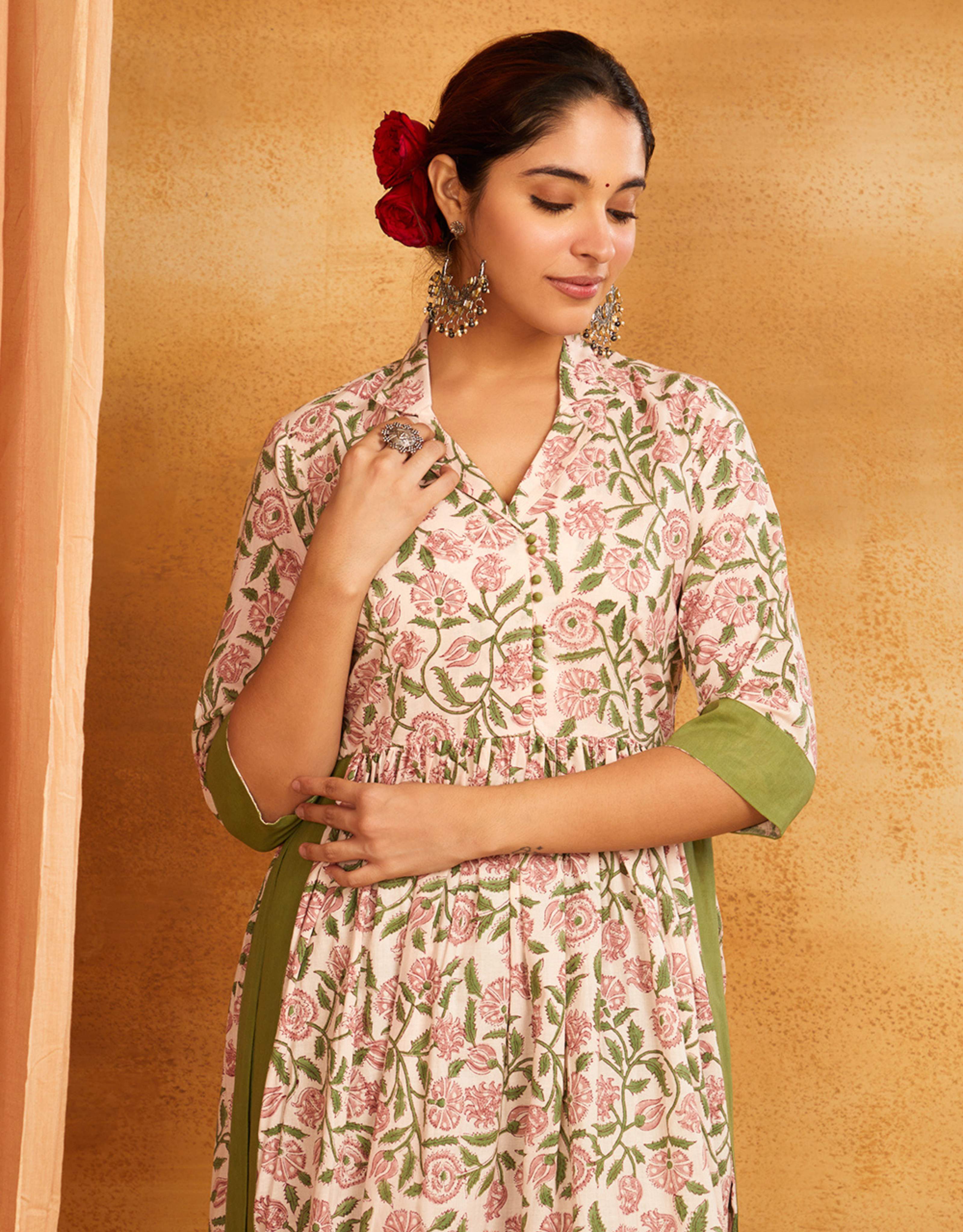 Green Block Printed Cotton Long Slit Kurta Palazzo