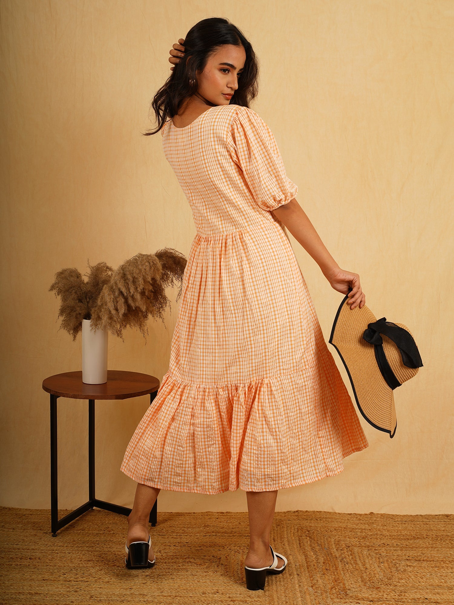 Fun Orange White Cotton Checks Angrakha Dress Fish Charm - Sunburnt