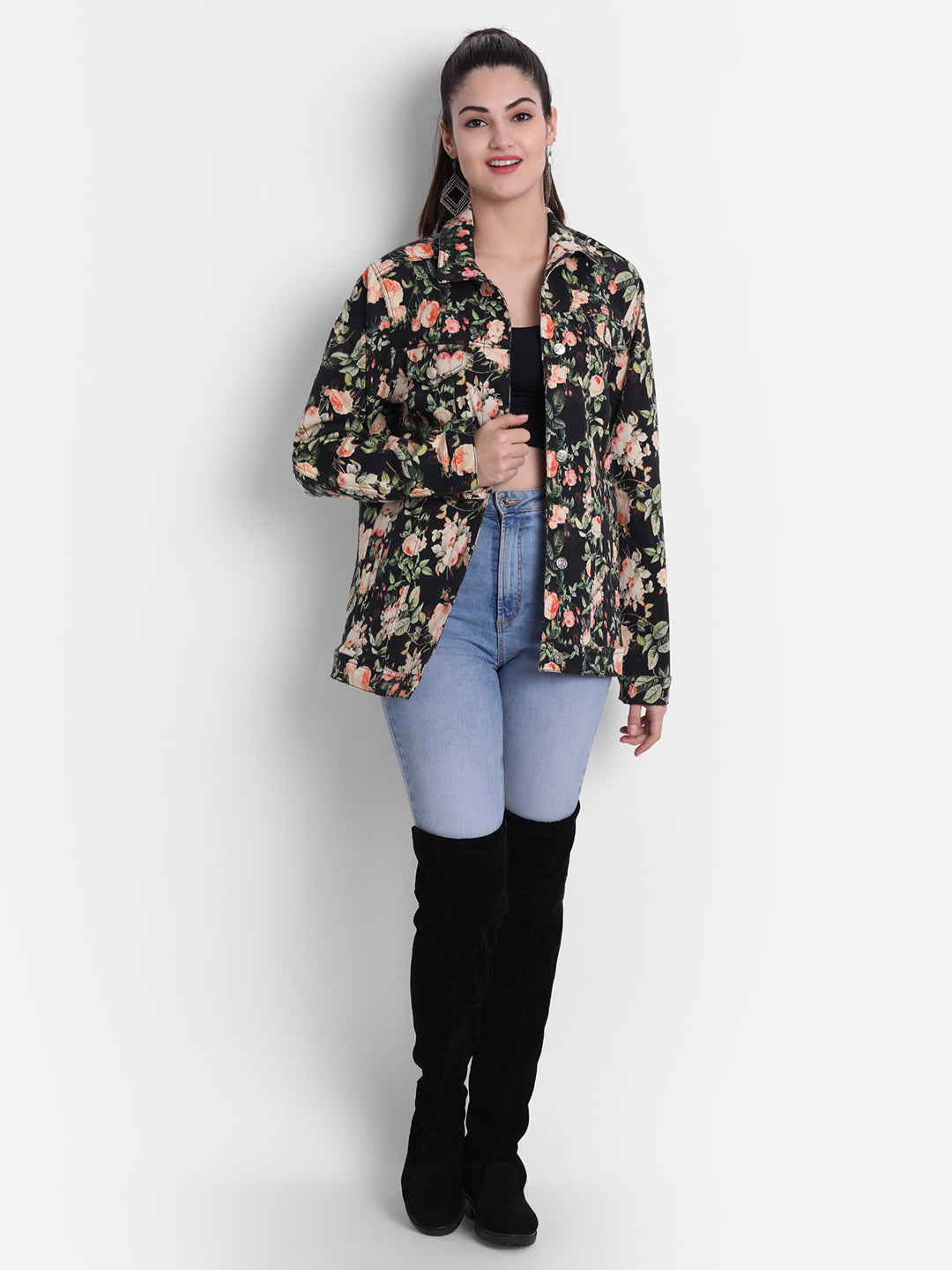 Chic Black Beige White Twill Lycra Floral Short Jacket