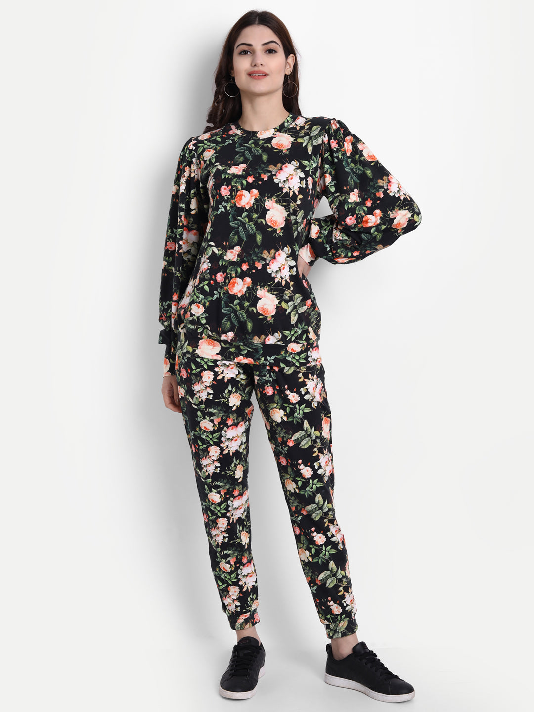 Elegant Black Beige White French Terry Floral Coord Set