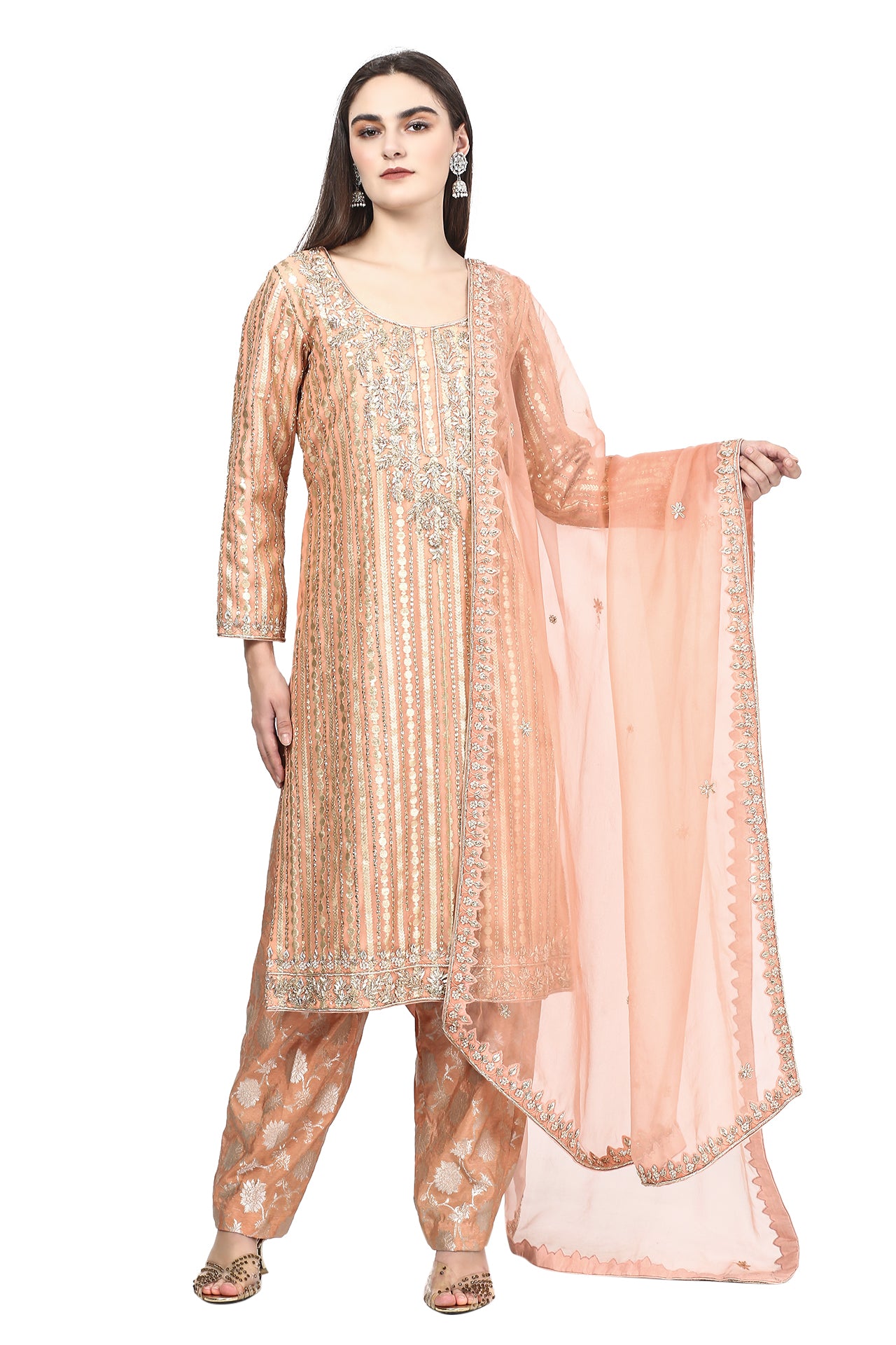 Hand-Embroidered Peach Kurta Set with Authentic Dabka Zardozi