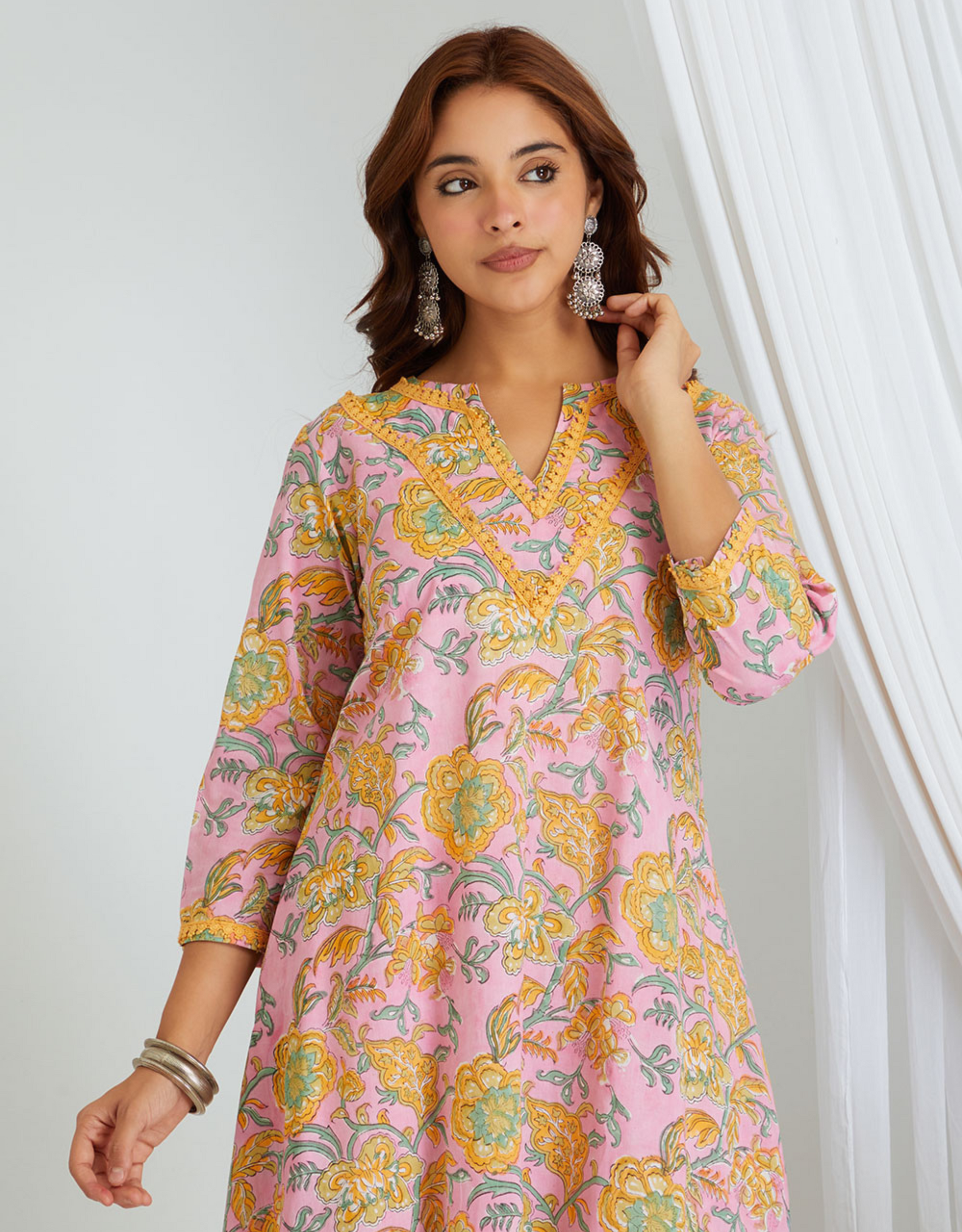Pink Hand Block Cotton Kurta Pants Co-ord Set Lace Detail High Cut