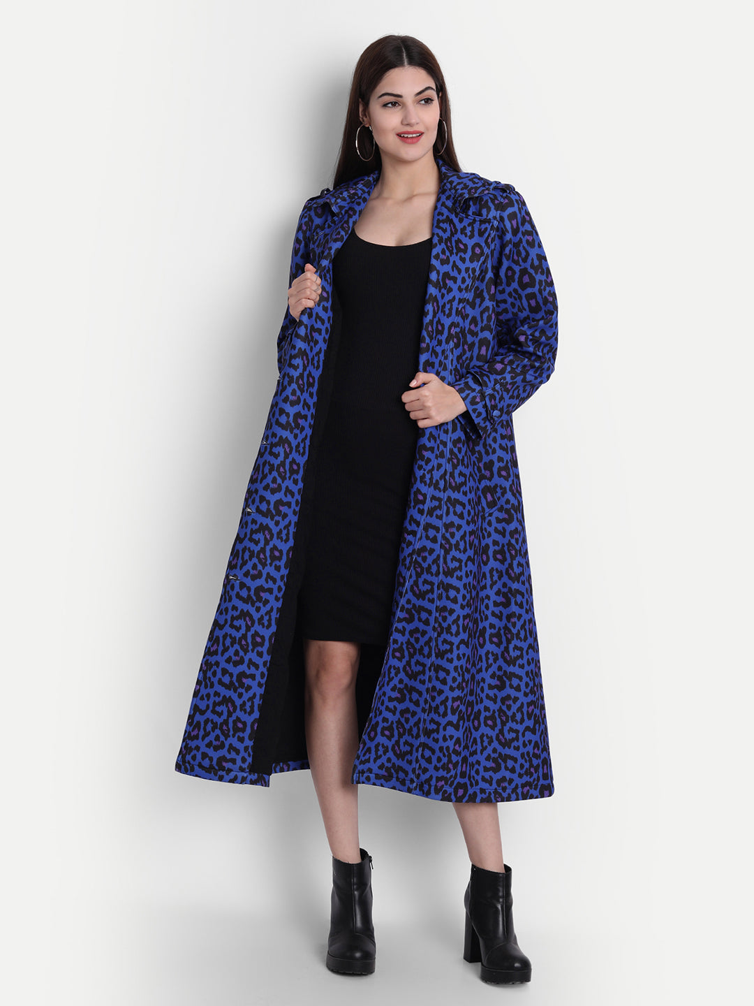 Fierce Blue Polyester Leopard Print Trench Coat