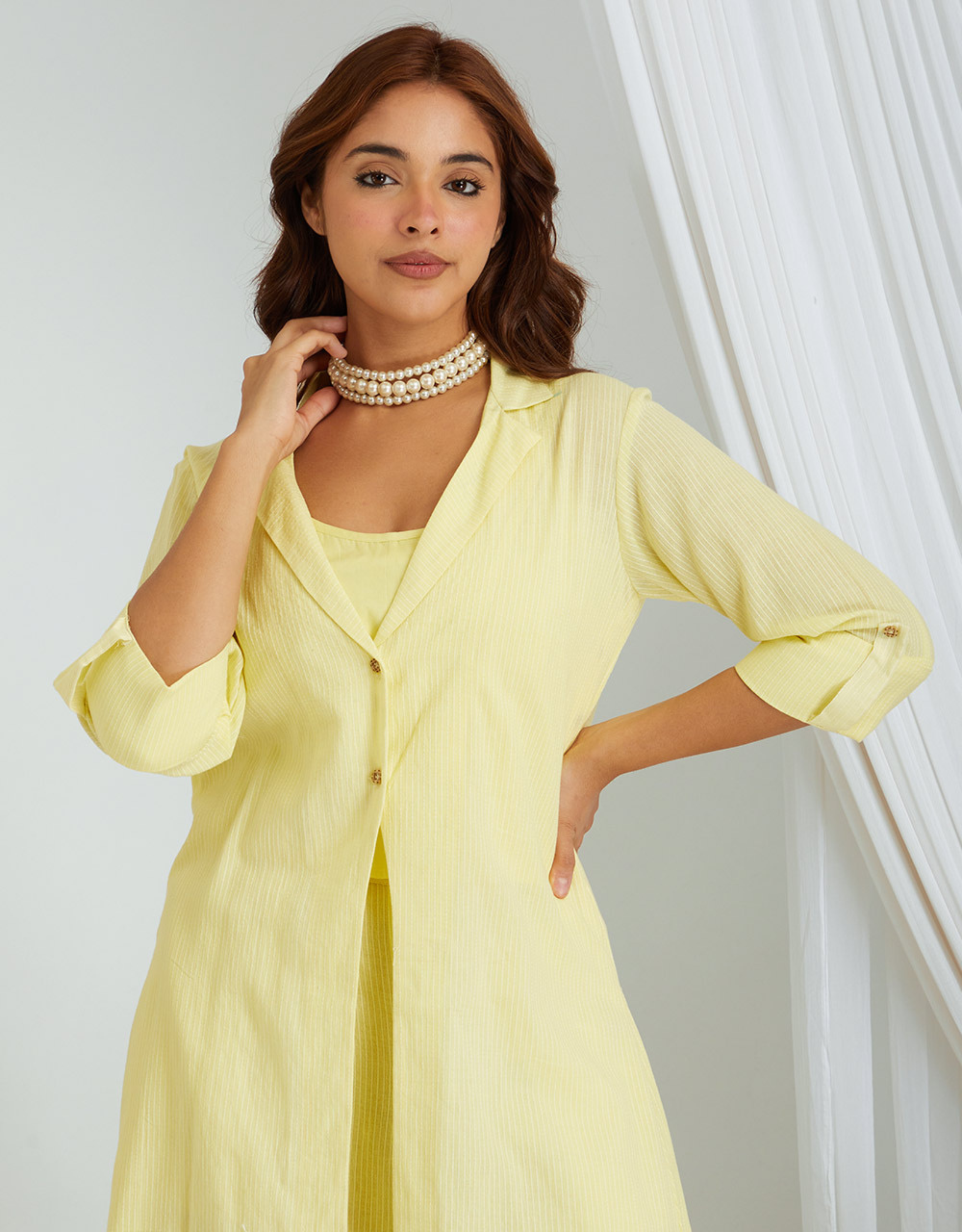 Yellow Kantha Weaving Cotton Shrug Slip Pants Co-ord Set Collar