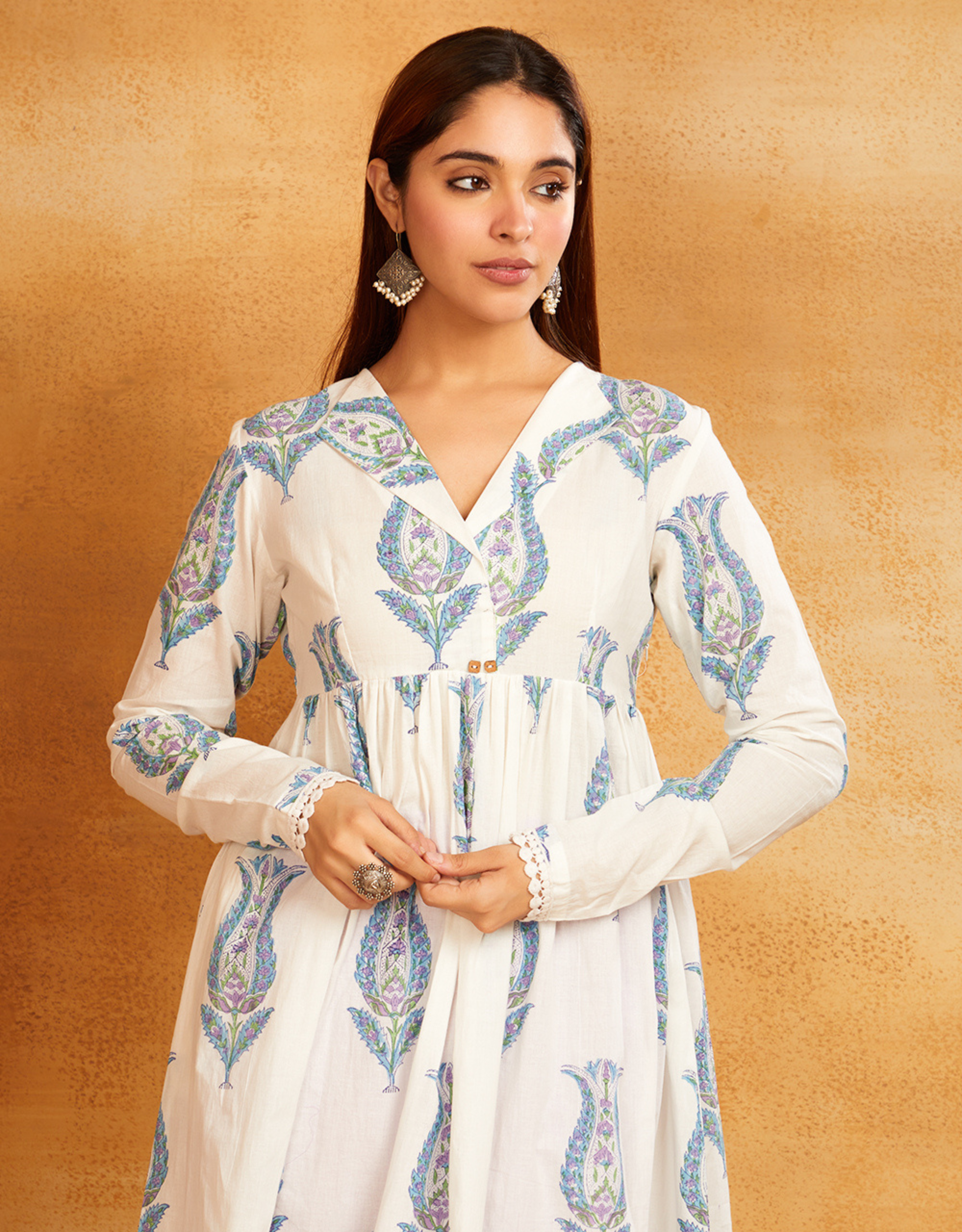 Mustard Block Printed Cotton Anarkali Kurta Lace Detailing