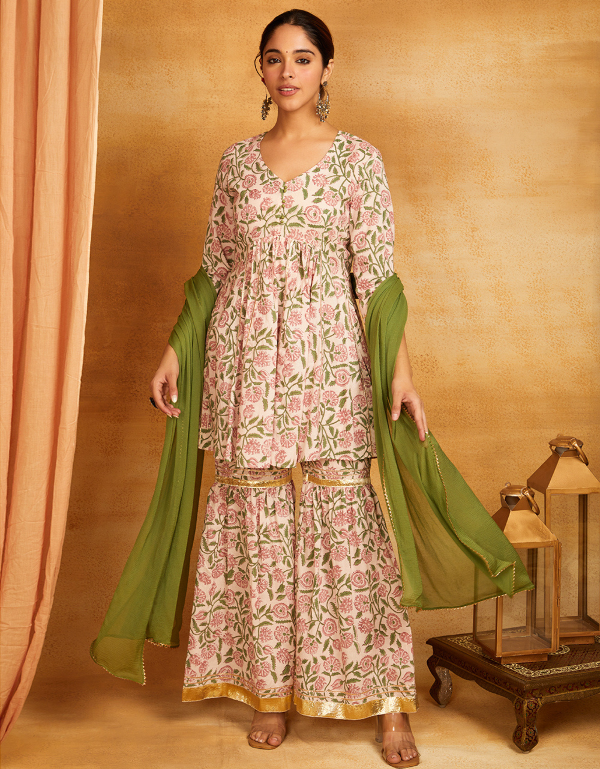 Green Block Printed Kalidar Gota Pati Kurta Sharara Chiffon Dupatta