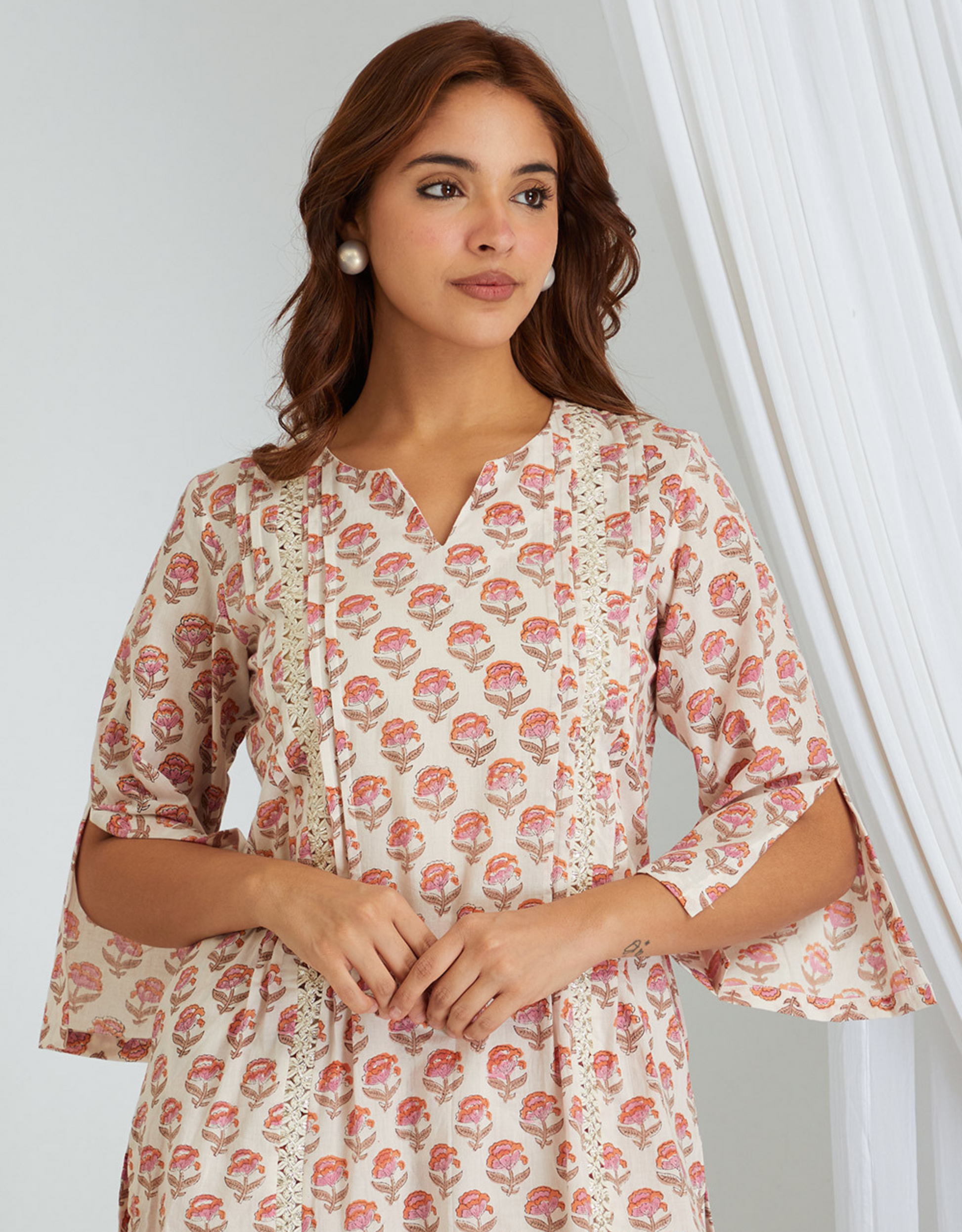 White Pink Hand Block Cotton Kurta Palazzo Co-ord Set Lace Tucks