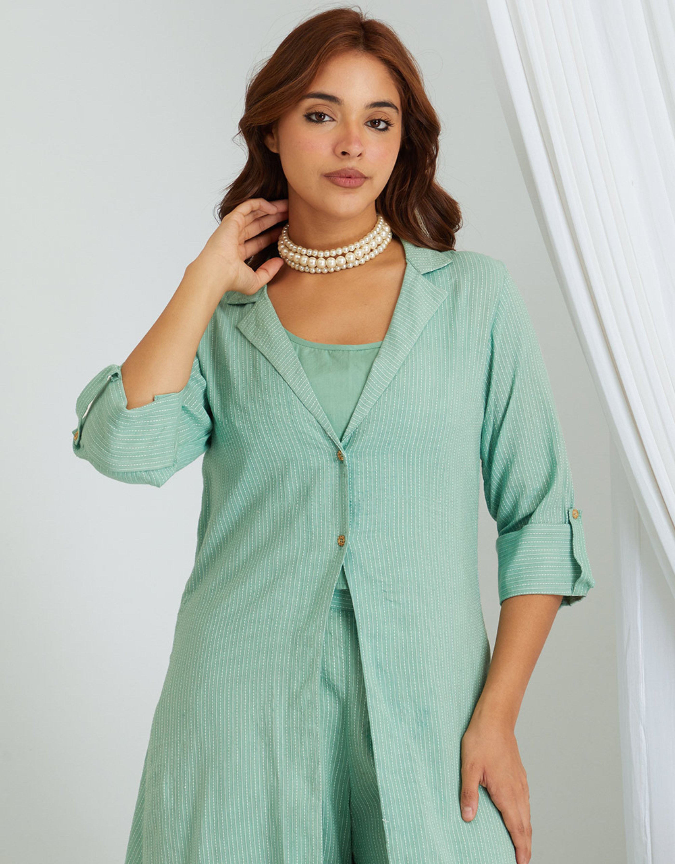 Sea Green Kantha Weaving Cotton Shrug Slip Pants Co-ord Set Collar
