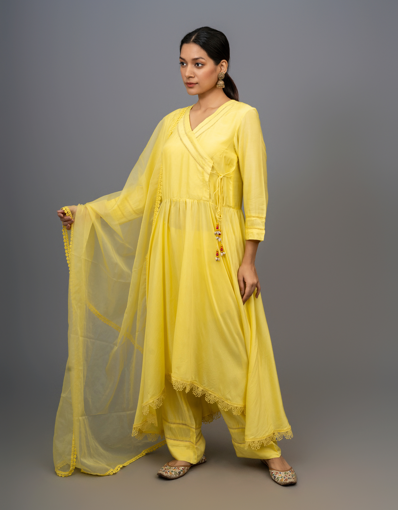 Yellow Cotton Silk Gathered A-line Angrakha Kurta Pants Lace