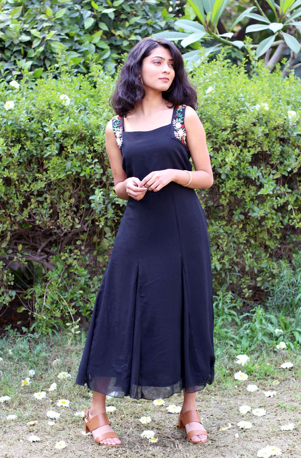 Elegant Black Blue Chiffon Hand Embroidered Floral Dress - Raven