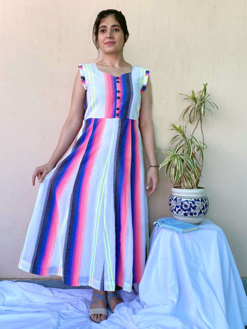 Pretty White Multicolor Chambray Frill Sleeve Dress - Fantasy Flower