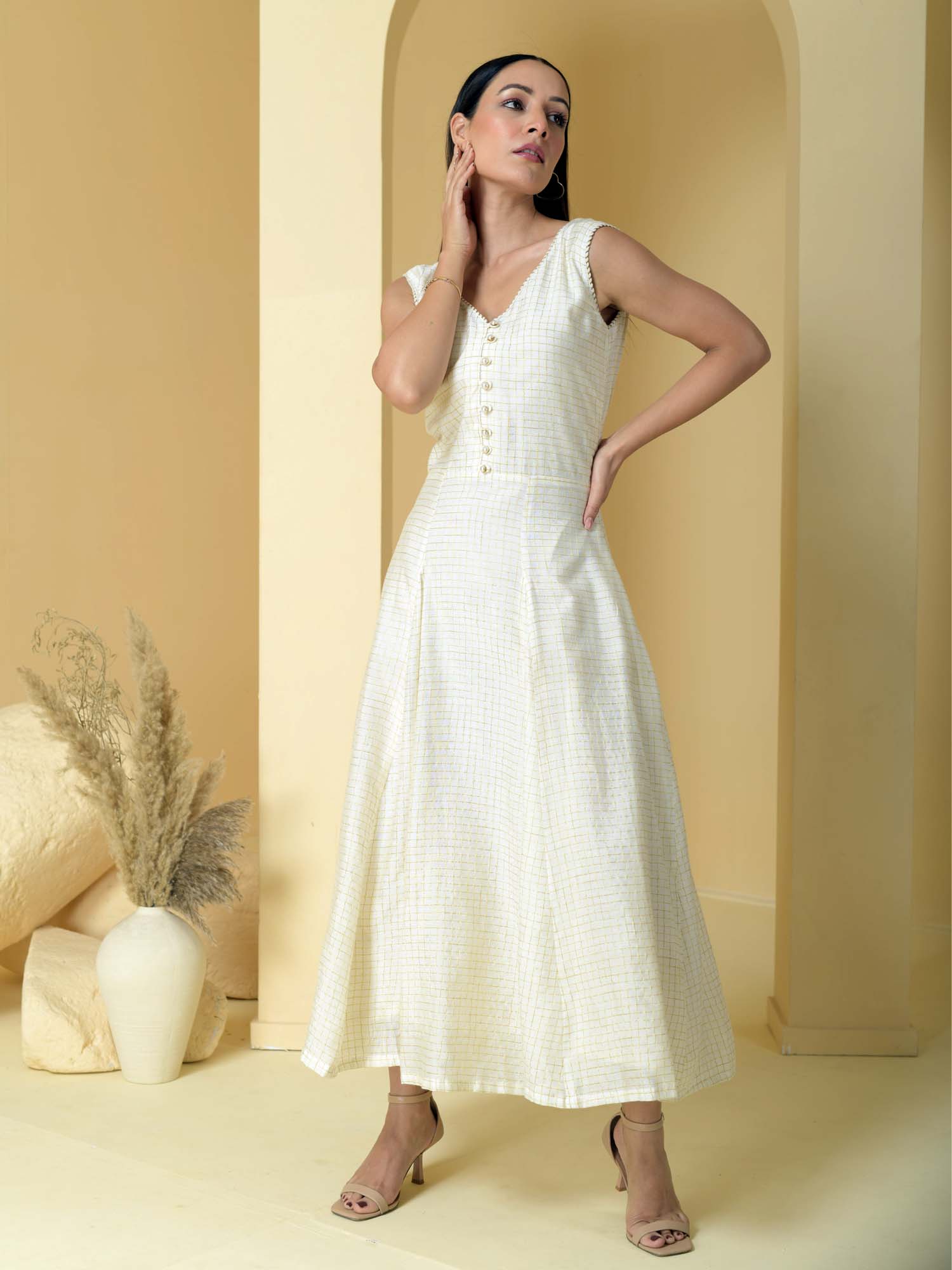 Serene Off White Cotton Chandheri Self Check Dress Lace Detail - Mogra
