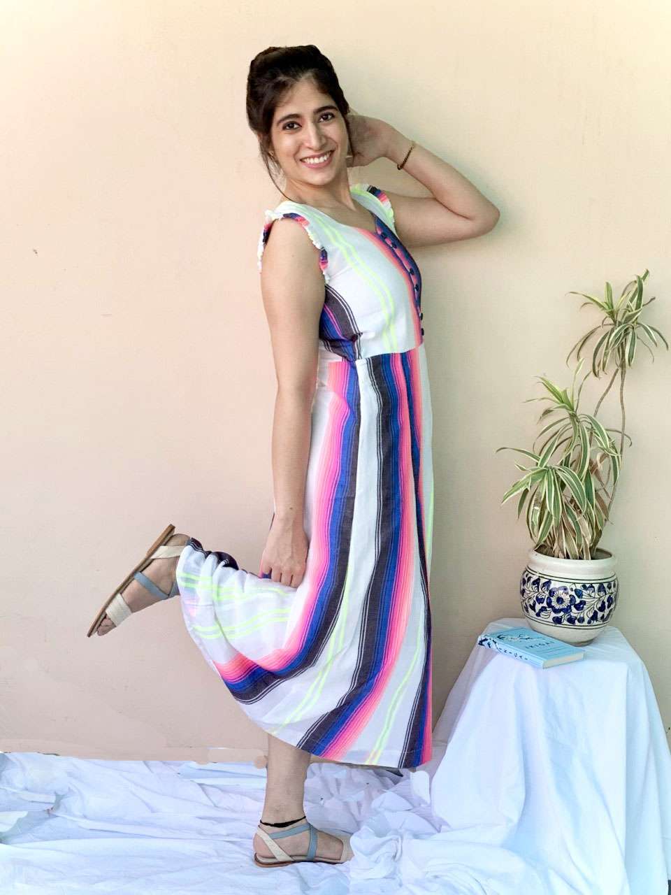 Pretty White Multicolor Chambray Frill Sleeve Dress - Fantasy Flower