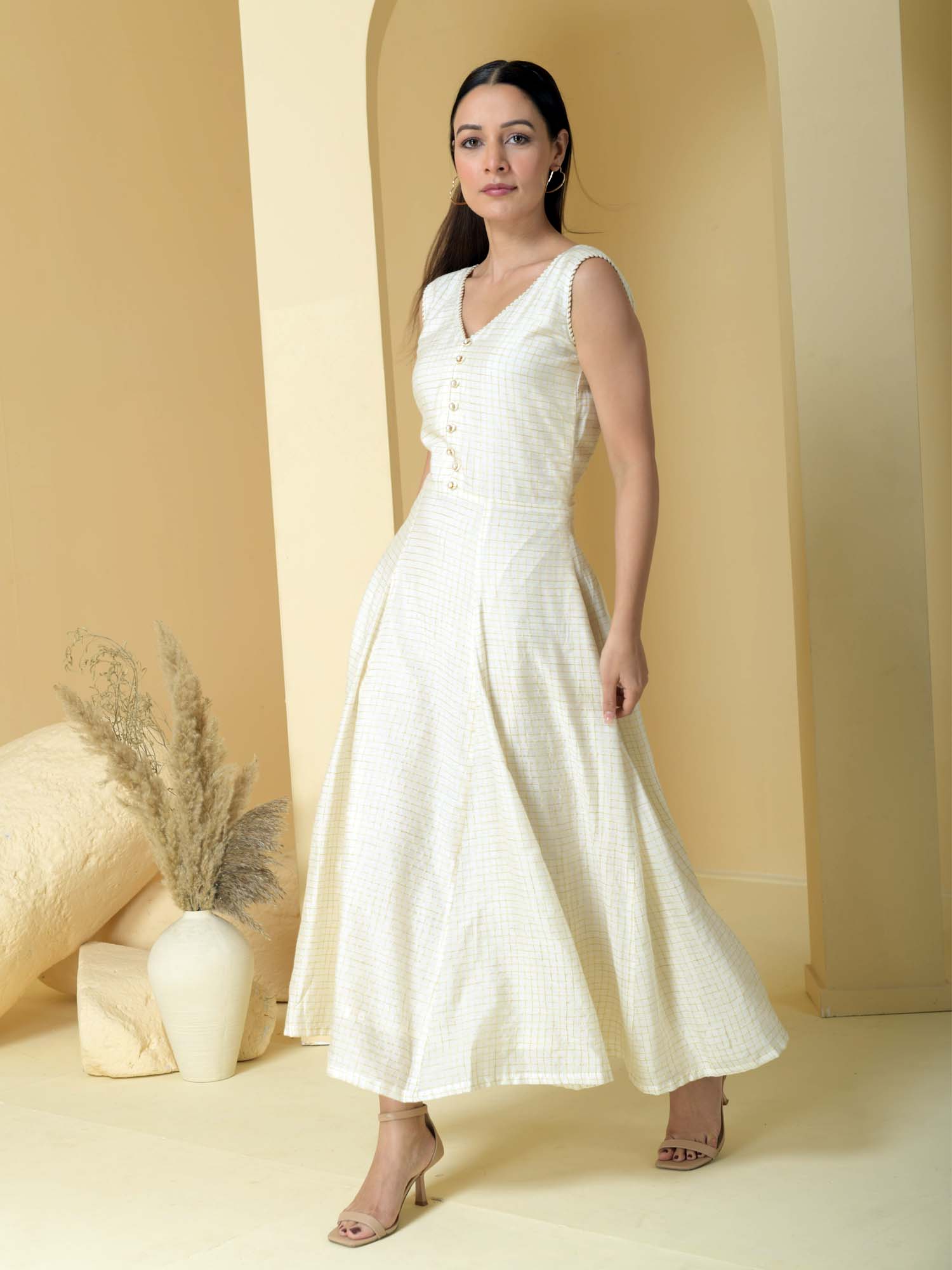Serene Off White Cotton Chandheri Self Check Dress Lace Detail - Mogra