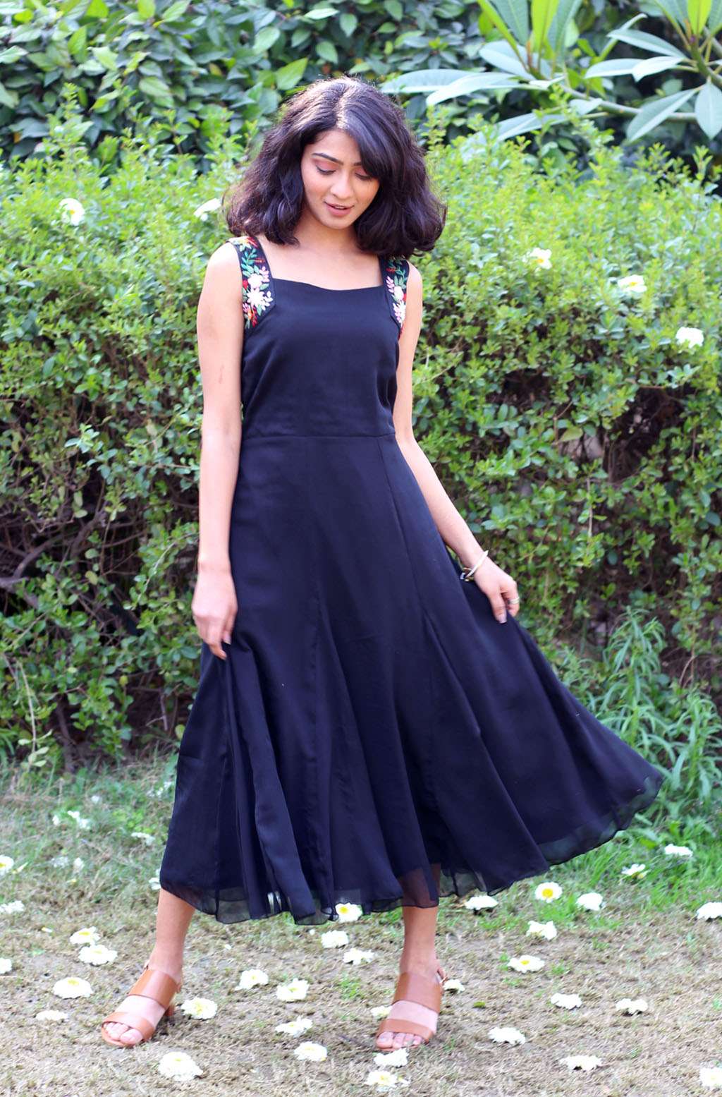 Elegant Black Blue Chiffon Hand Embroidered Floral Dress - Raven