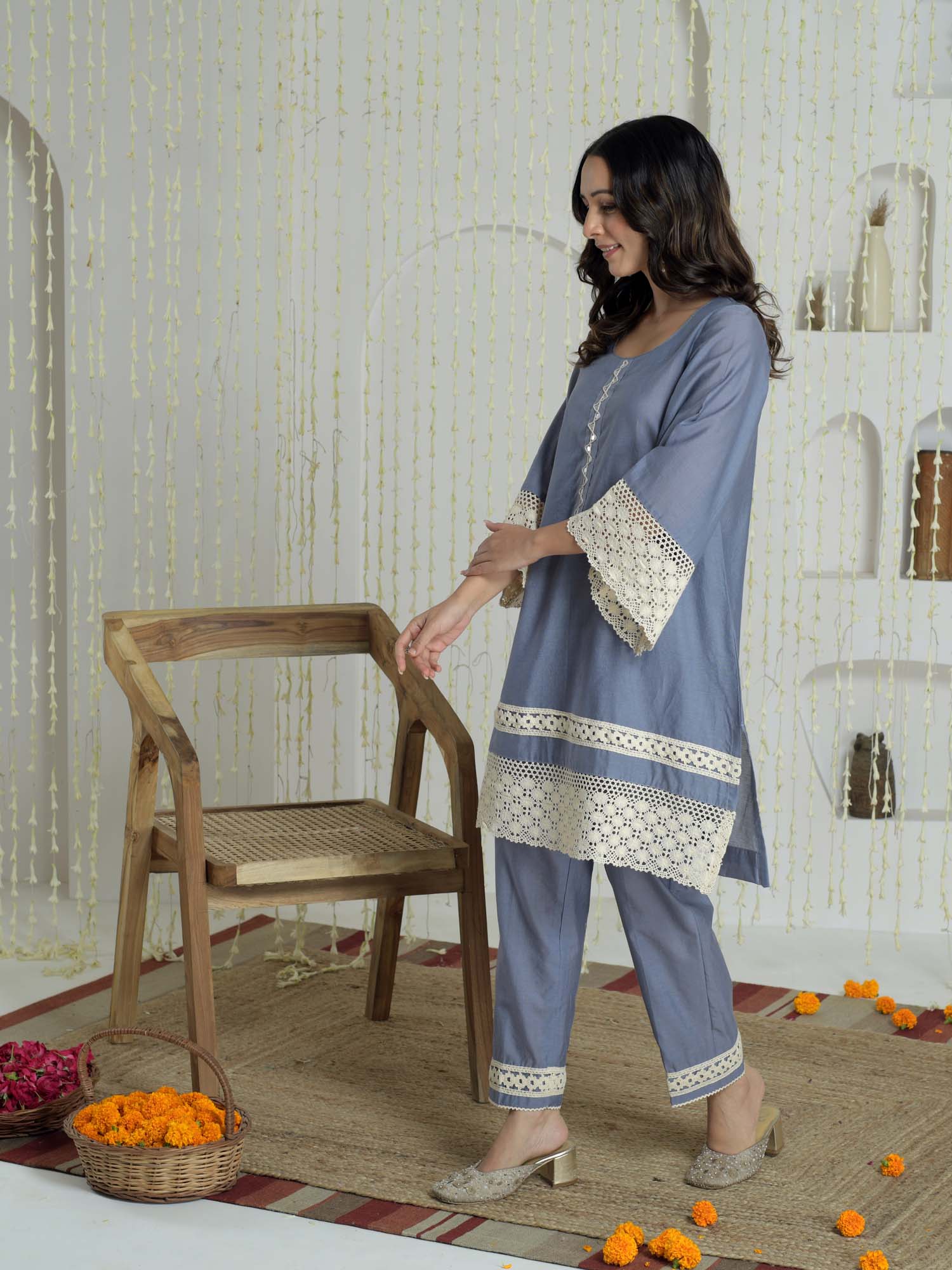 Elegant Grey Blue Chandheri Cotton Lace Coord Set Pakistani Style