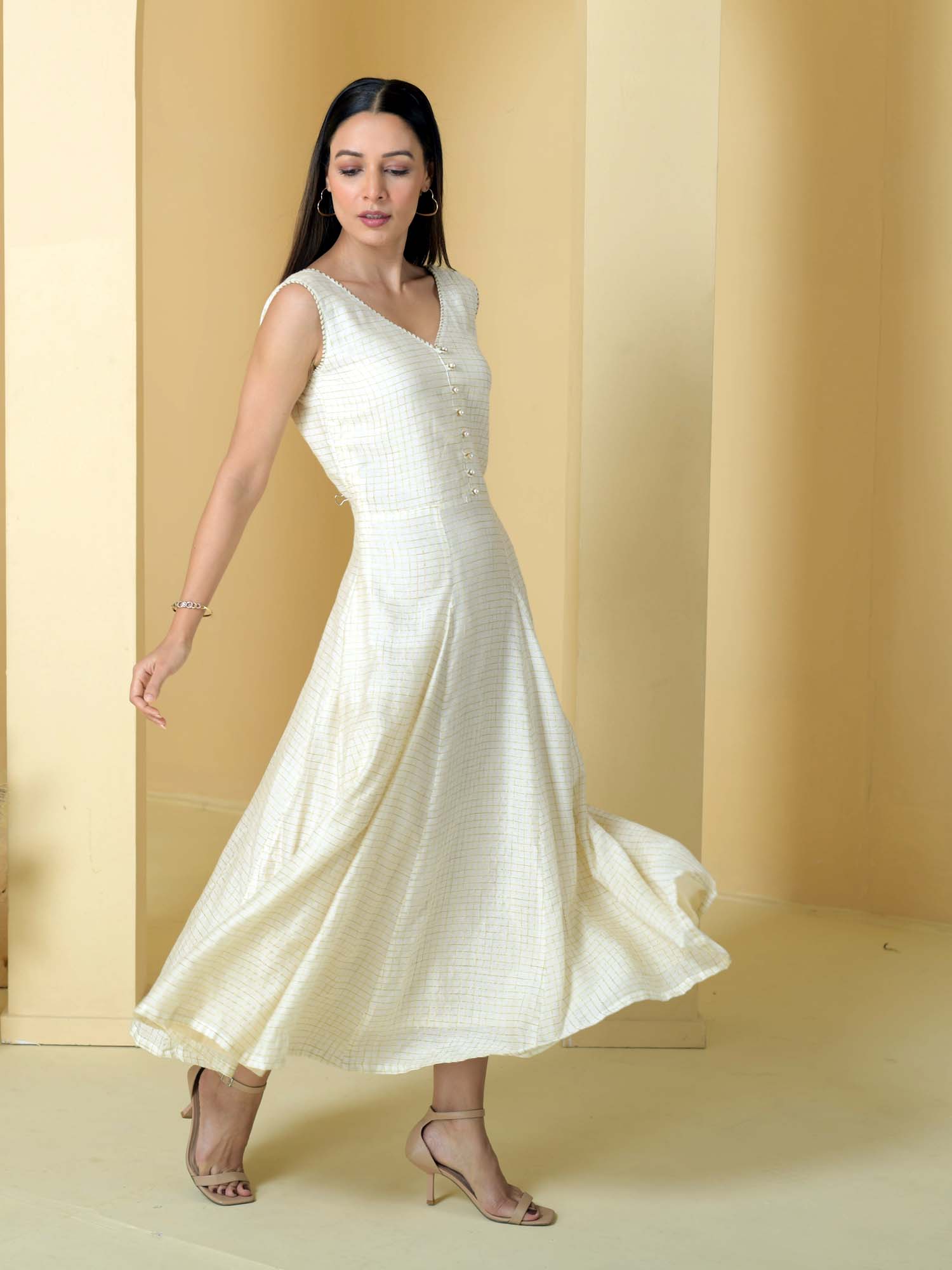 Serene Off White Cotton Chandheri Self Check Dress Lace Detail - Mogra