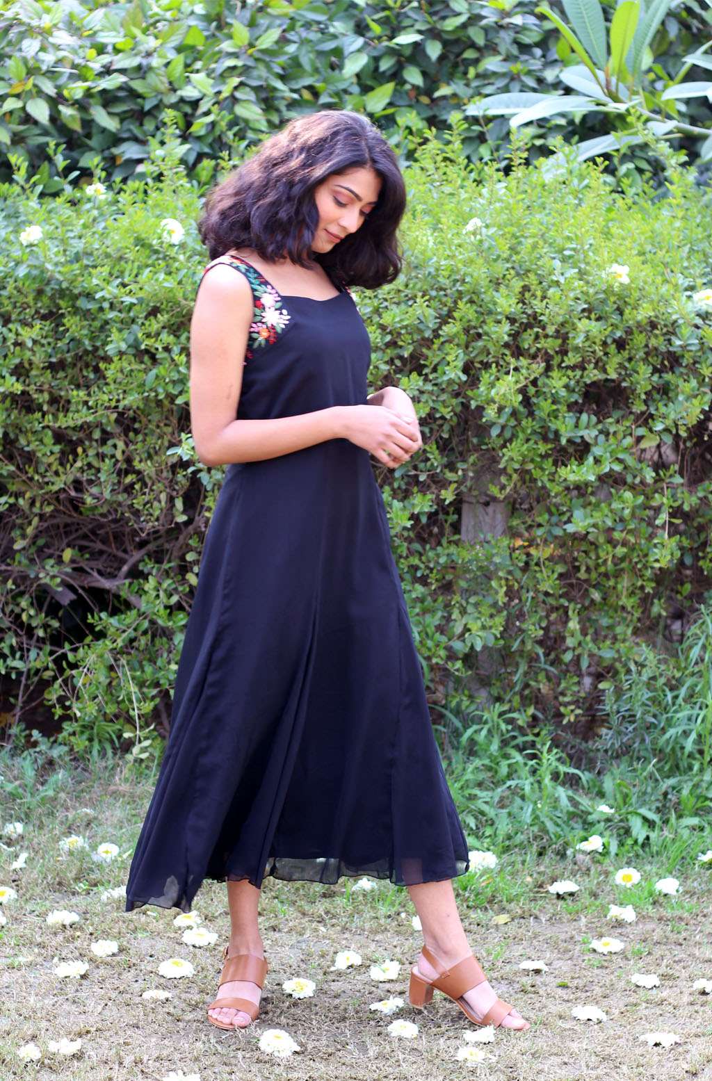 Elegant Black Blue Chiffon Hand Embroidered Floral Dress - Raven