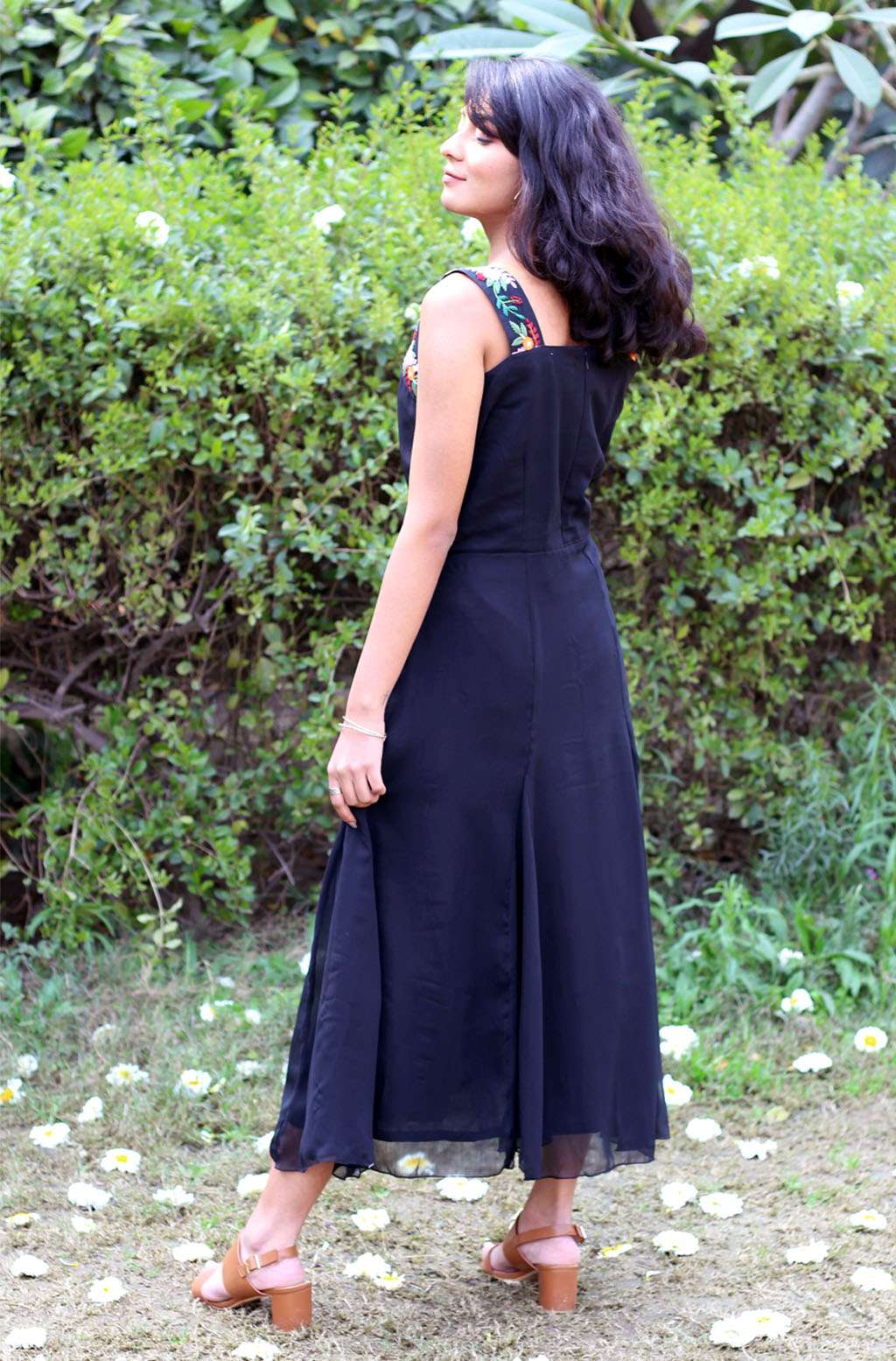 Elegant Black Blue Chiffon Hand Embroidered Floral Dress - Raven