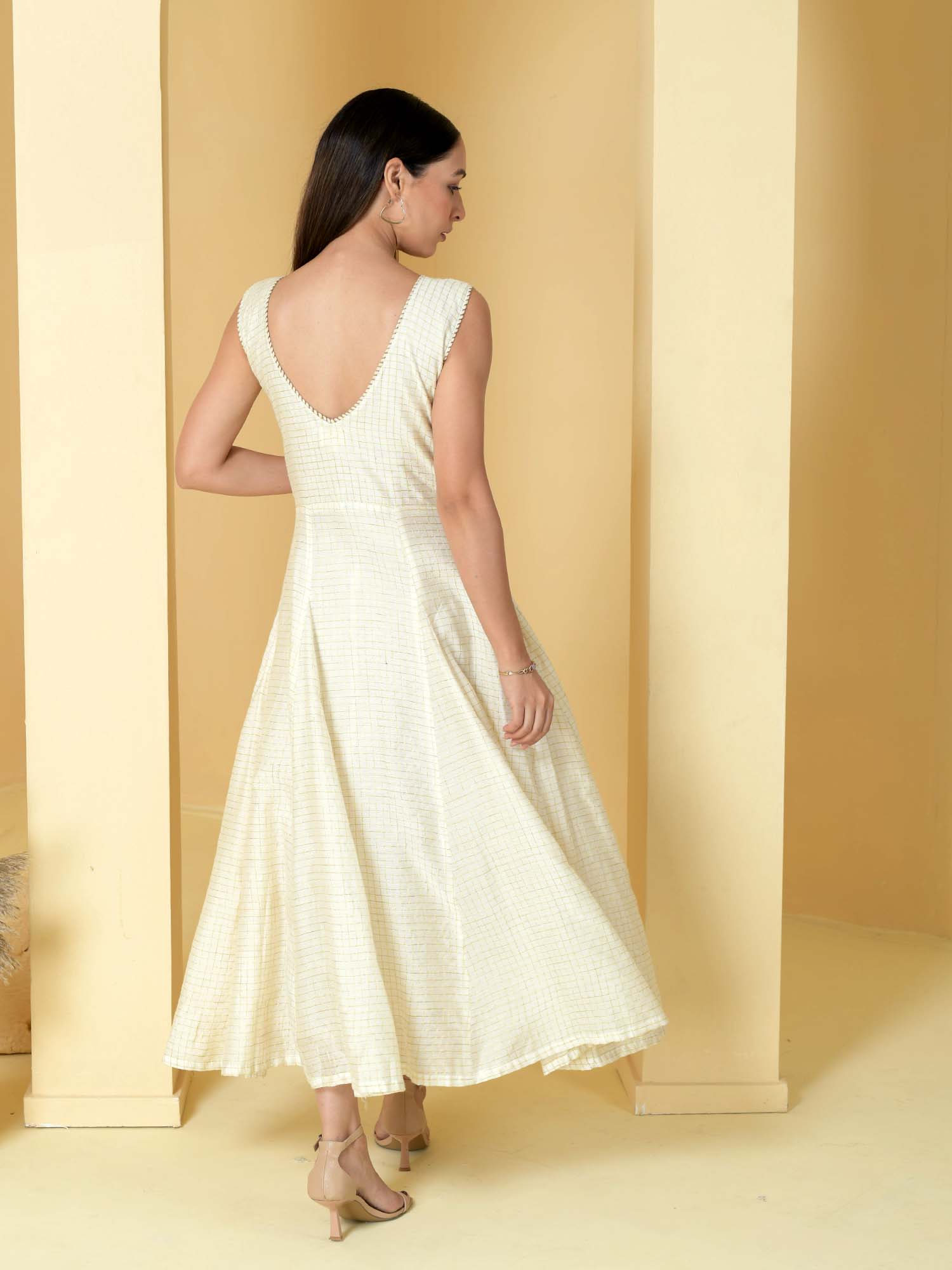 Serene Off White Cotton Chandheri Self Check Dress Lace Detail - Mogra