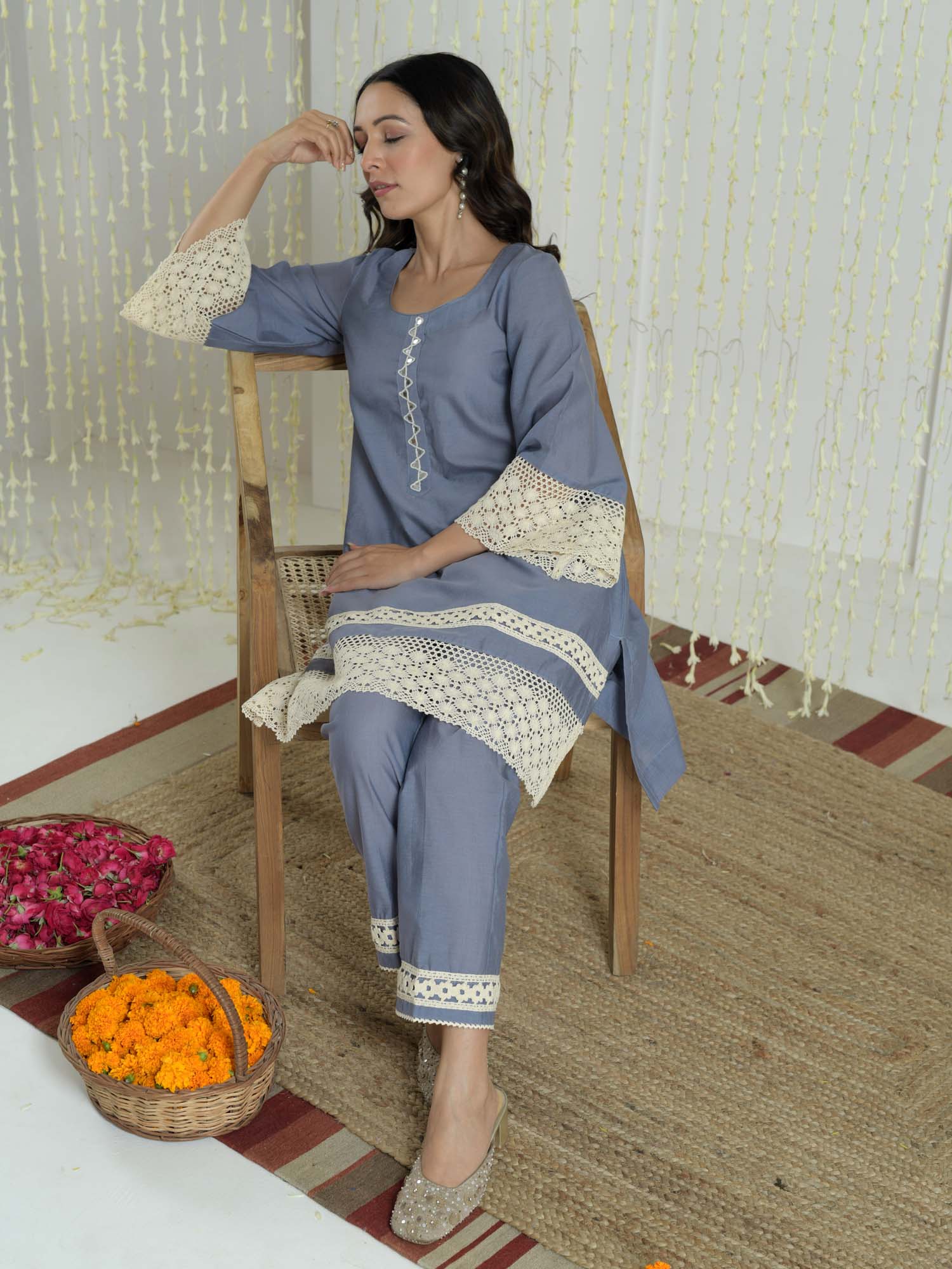 Elegant Grey Blue Chandheri Cotton Lace Coord Set Pakistani Style