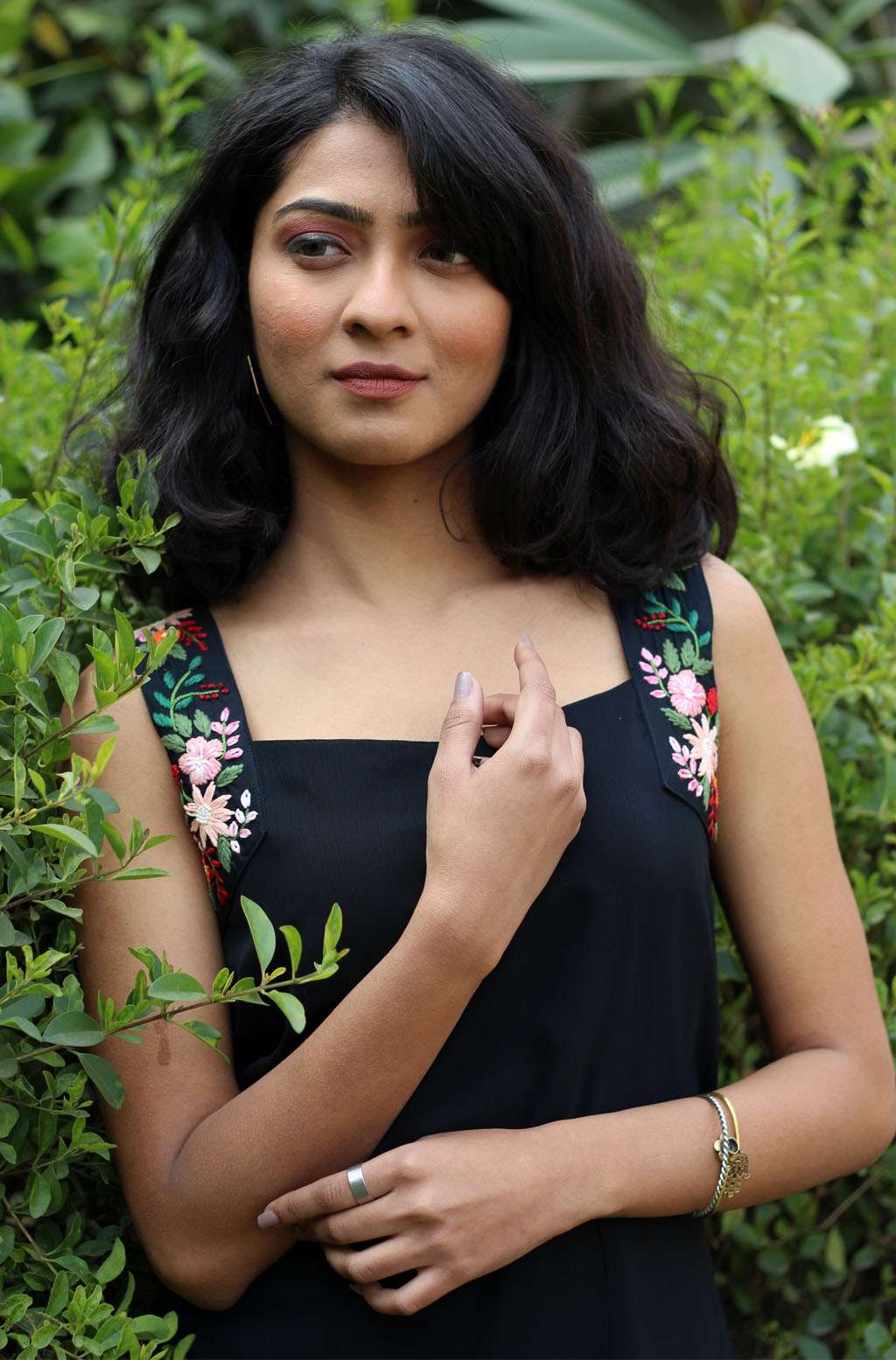 Elegant Black Blue Chiffon Hand Embroidered Floral Dress - Raven