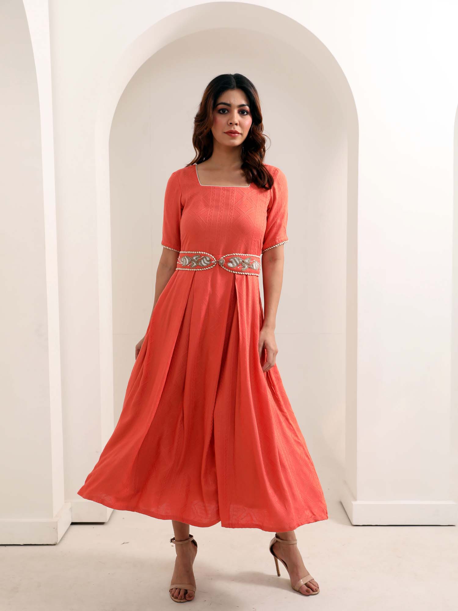 Fresh Rust Orange Slub Rayon Textured Dress Jute Belt - Magnum Opus