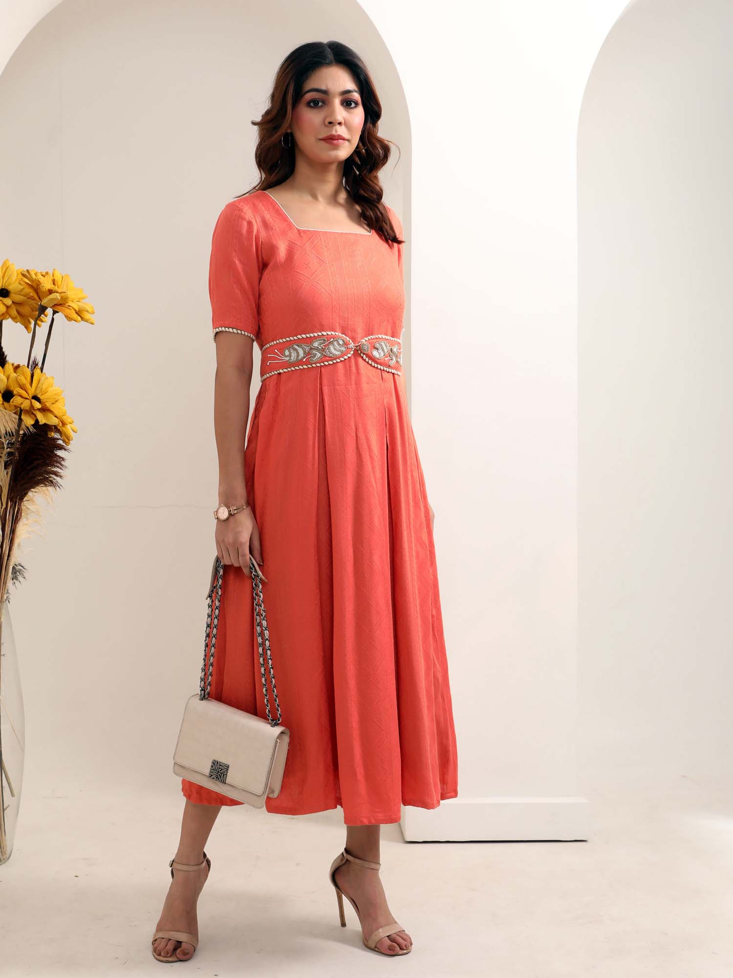 Fresh Rust Orange Slub Rayon Textured Dress Jute Belt - Magnum Opus