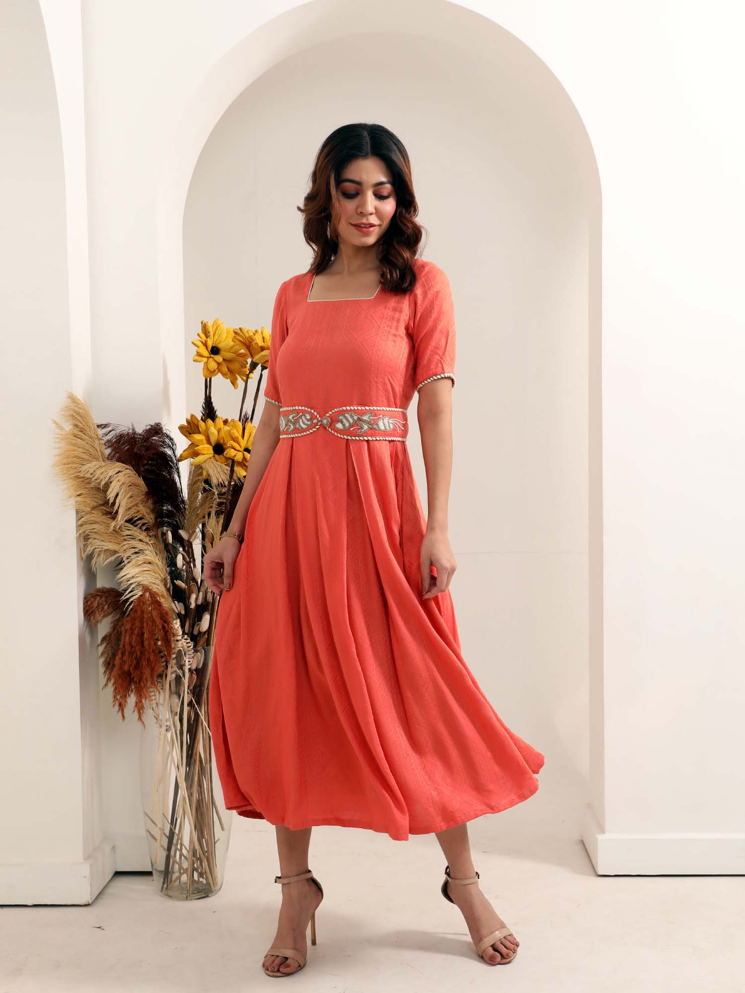 Fresh Rust Orange Slub Rayon Textured Dress Jute Belt - Magnum Opus