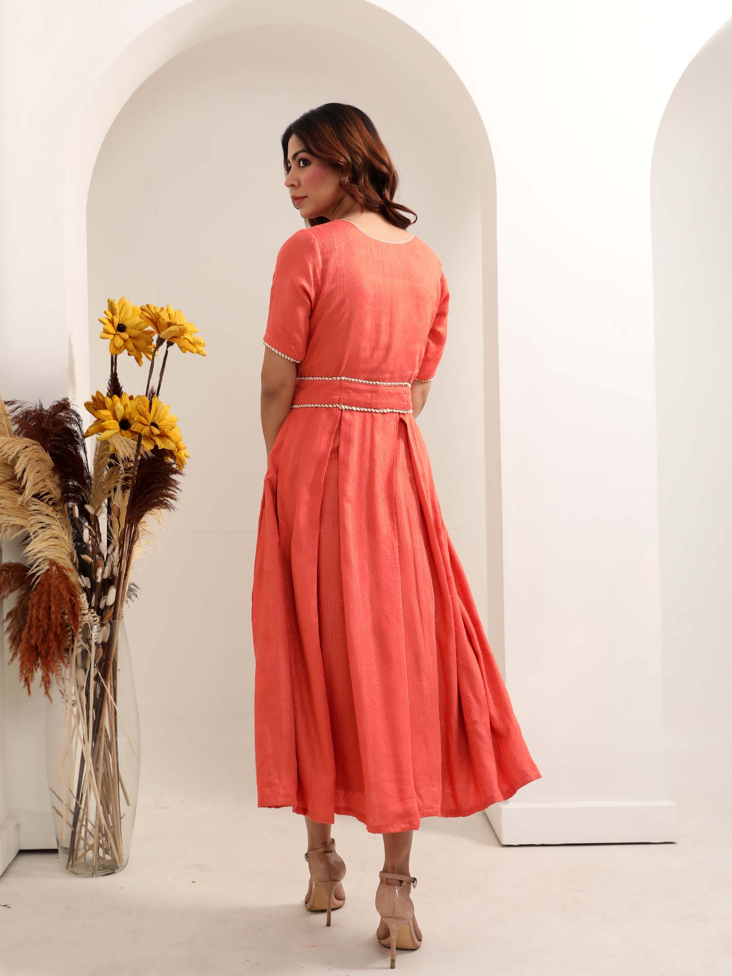 Fresh Rust Orange Slub Rayon Textured Dress Jute Belt - Magnum Opus
