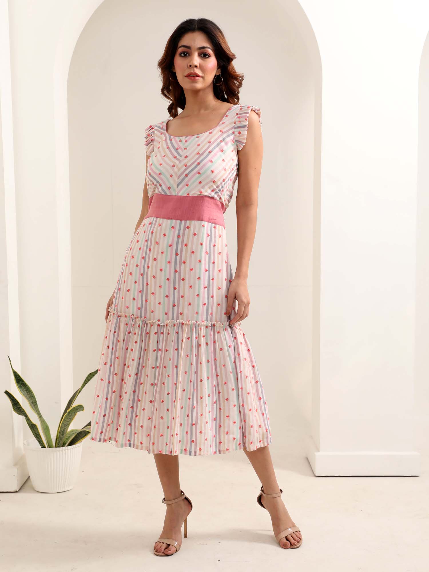 Feminine White Blue Pink Cotton Floral Embroidered Ruffle Sleeve Dress