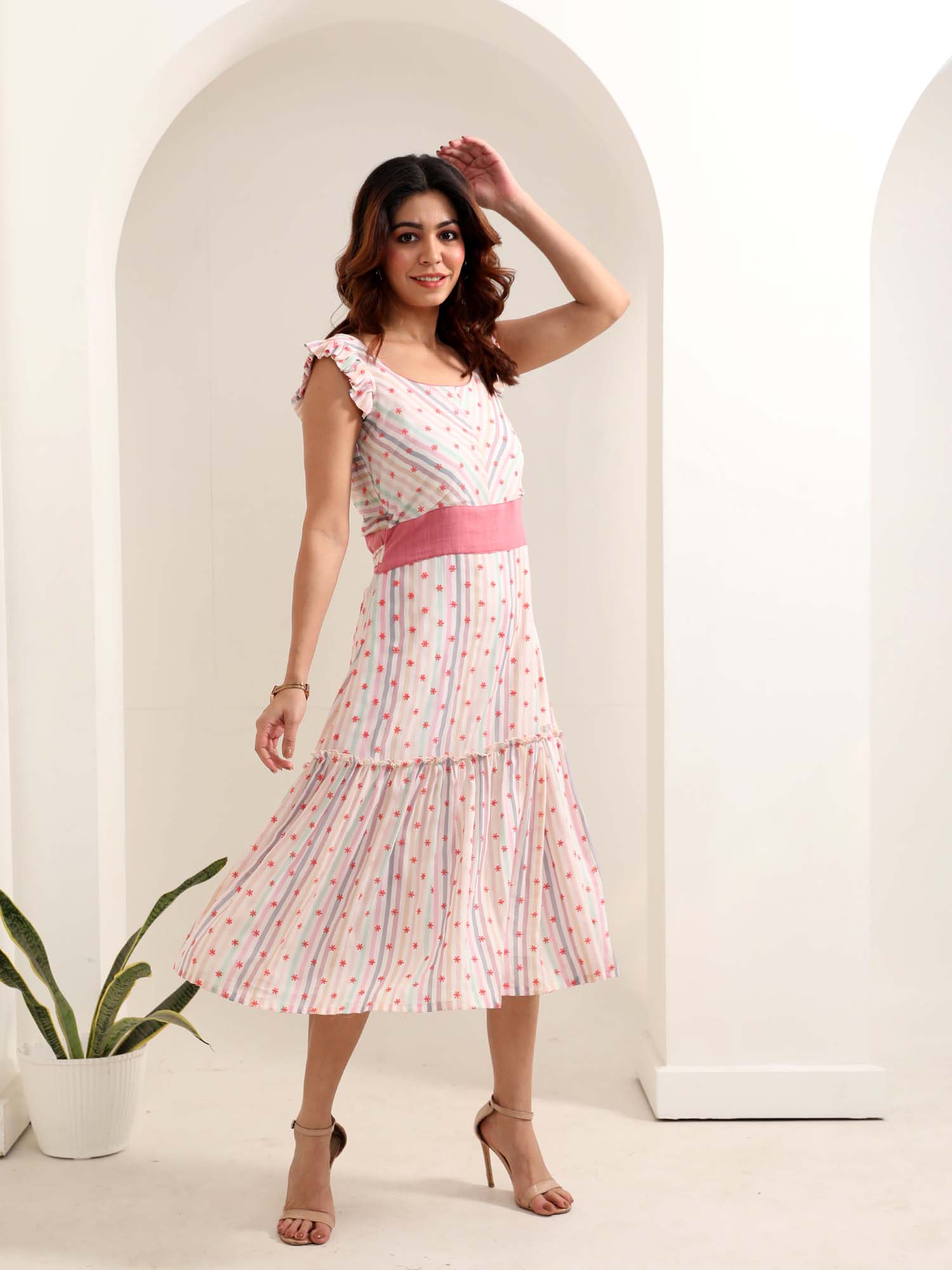 Feminine White Blue Pink Cotton Floral Embroidered Ruffle Sleeve Dress