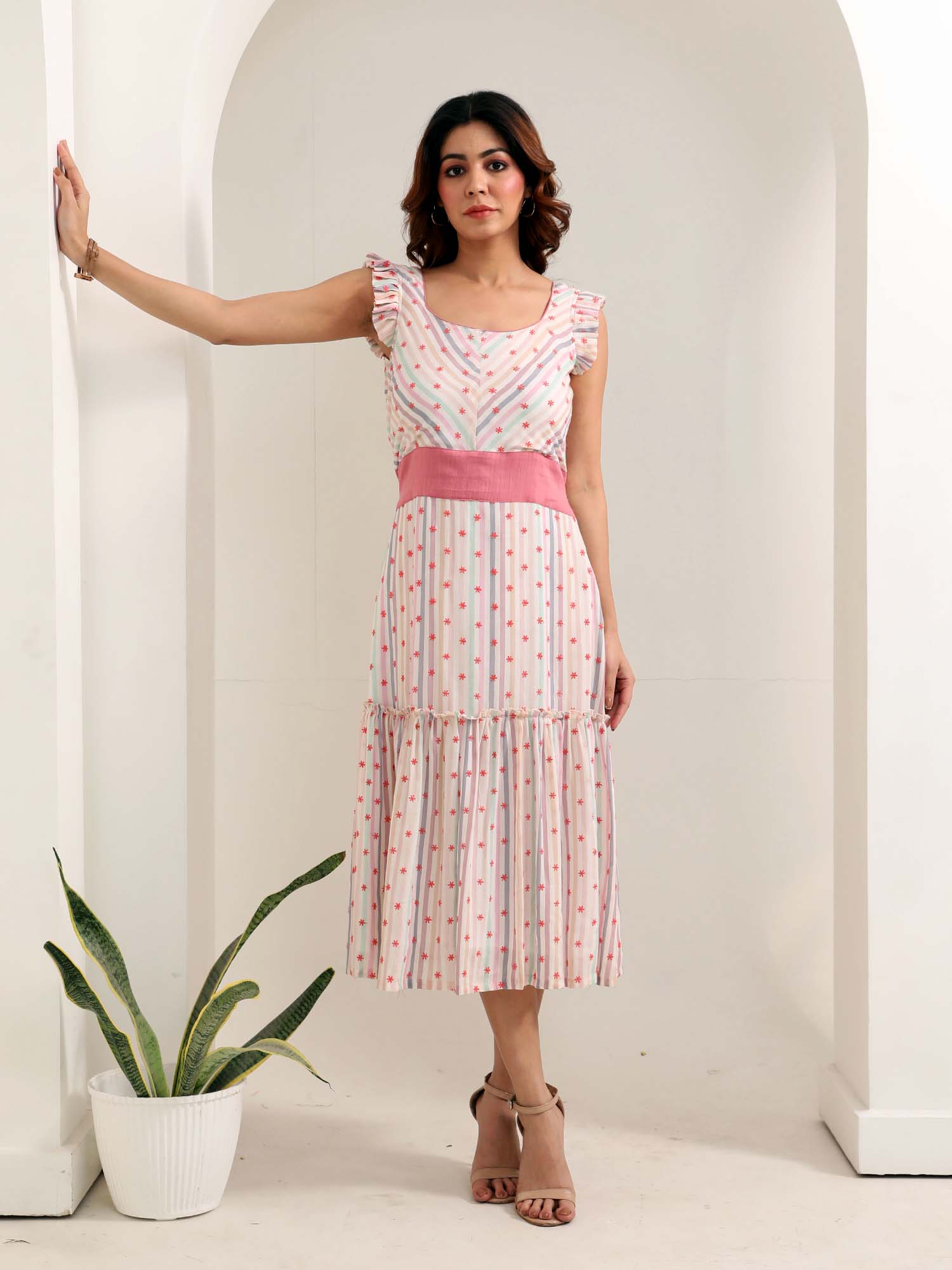 Feminine White Blue Pink Cotton Floral Embroidered Ruffle Sleeve Dress